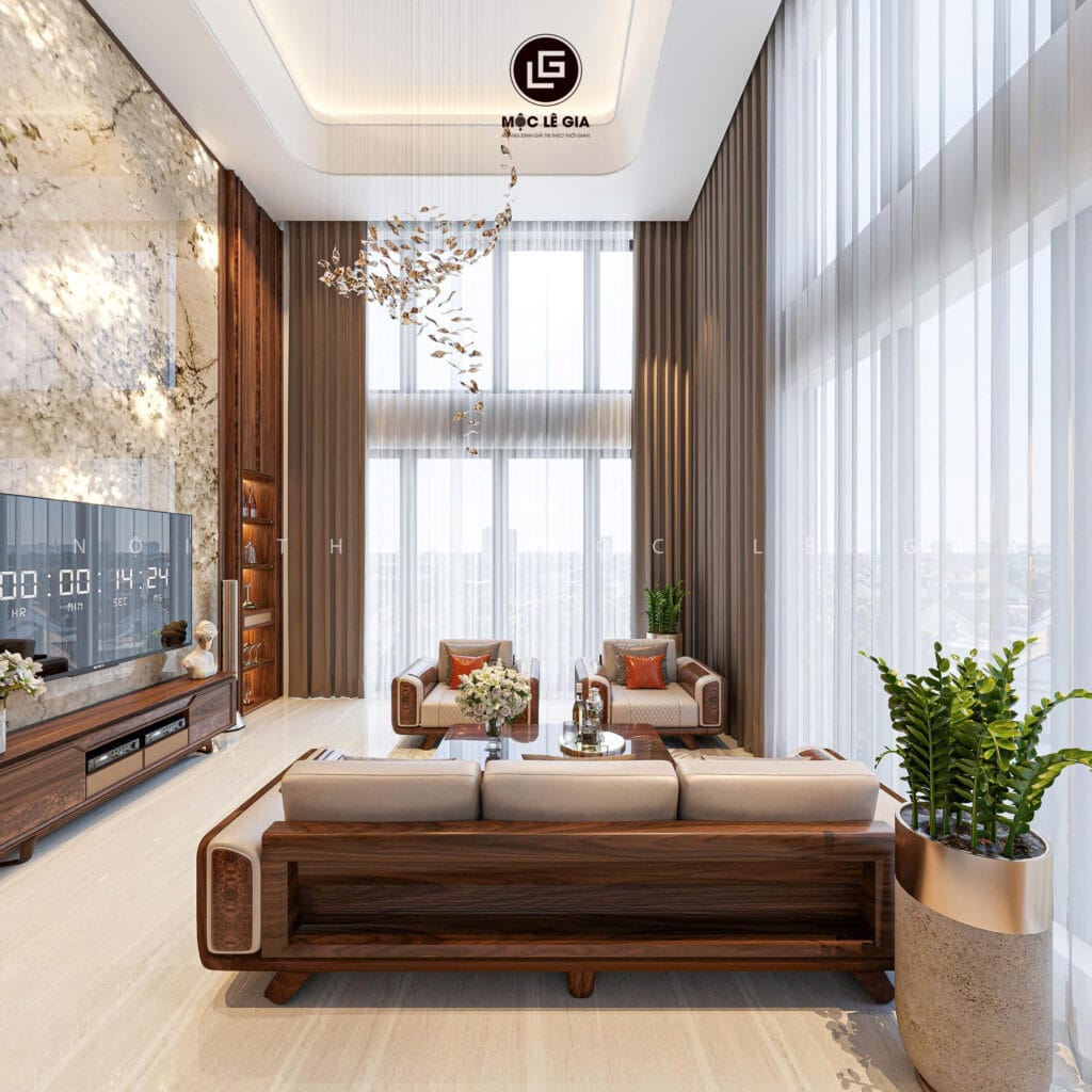 Thiết kế phòng khách gỗ óc chó Mộc Lê Gia
