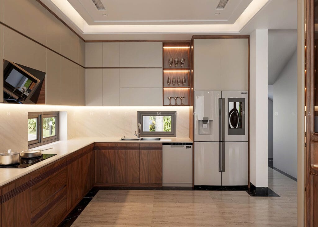 Mộc Lê Gia thiết kế phòng bếp gỗ óc chó