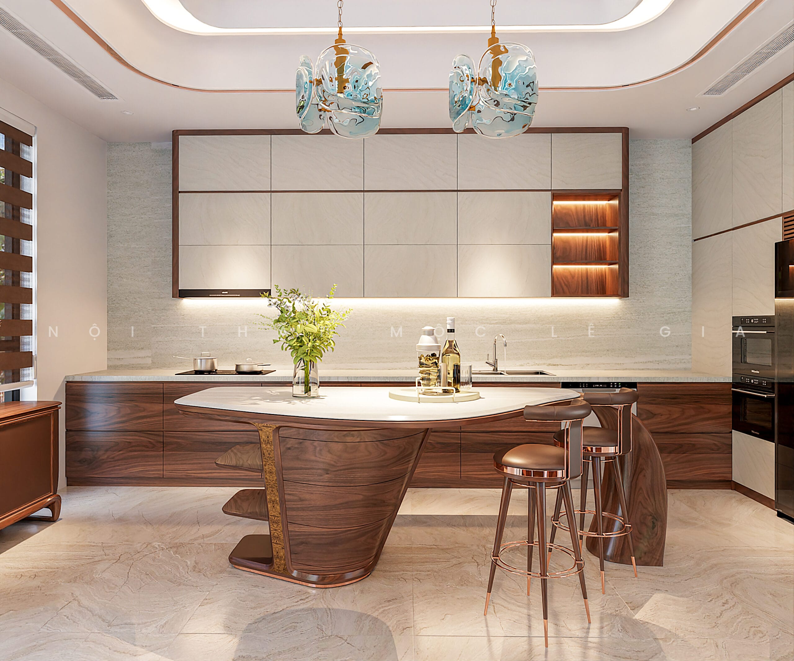 Mộc Lê Gia thiết kế phòng bếp gỗ óc chó