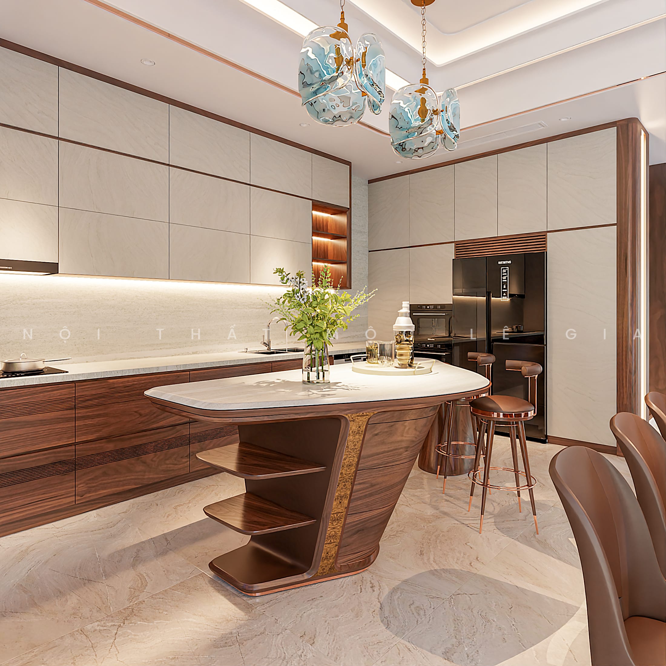 Mộc Lê Gia thiết kế phòng bếp gỗ óc chó