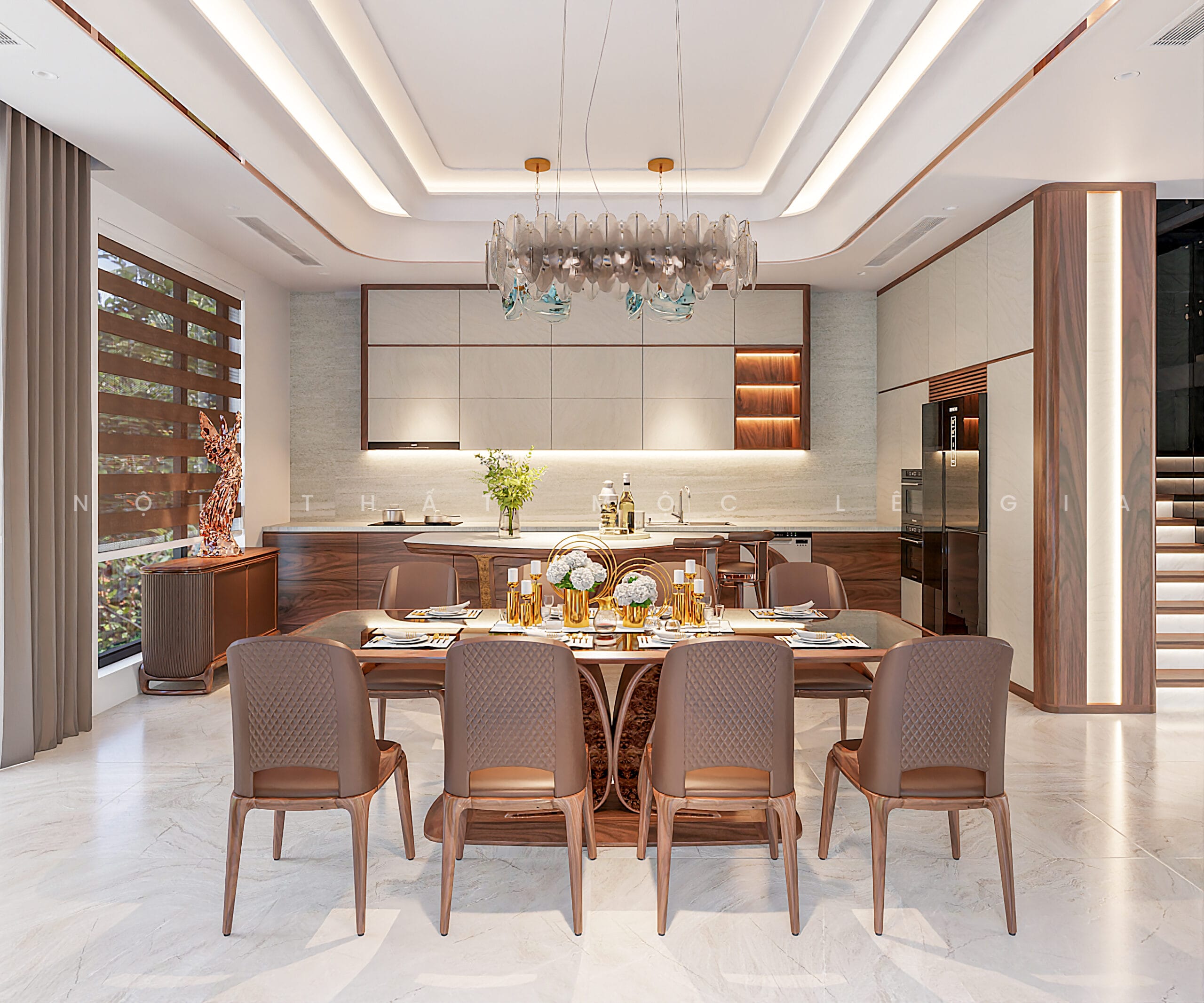 Mộc Lê Gia thiết kế phòng bếp gỗ óc chó