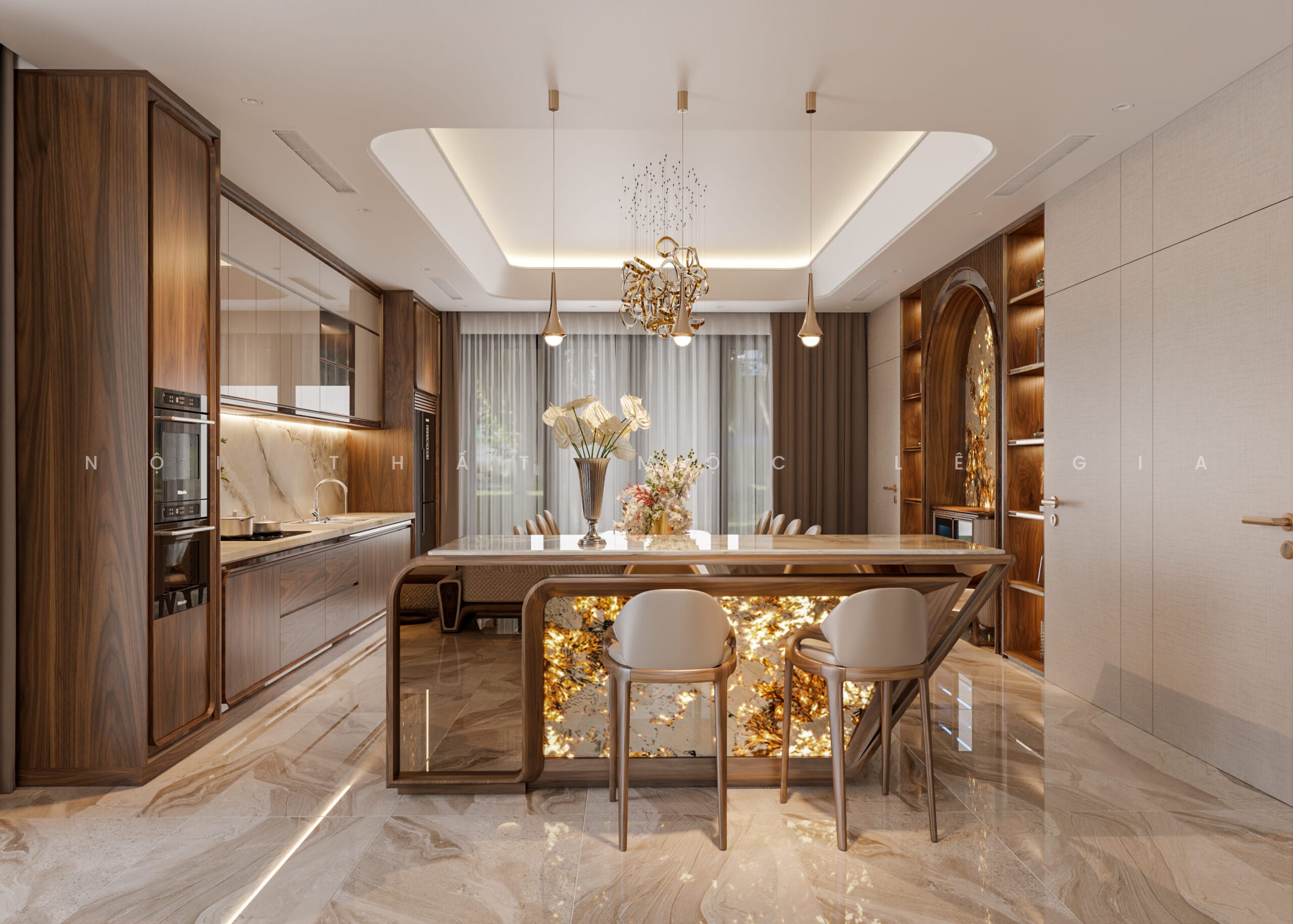 Mộc Lê Gia thiết kế phòng bếp gỗ óc chó