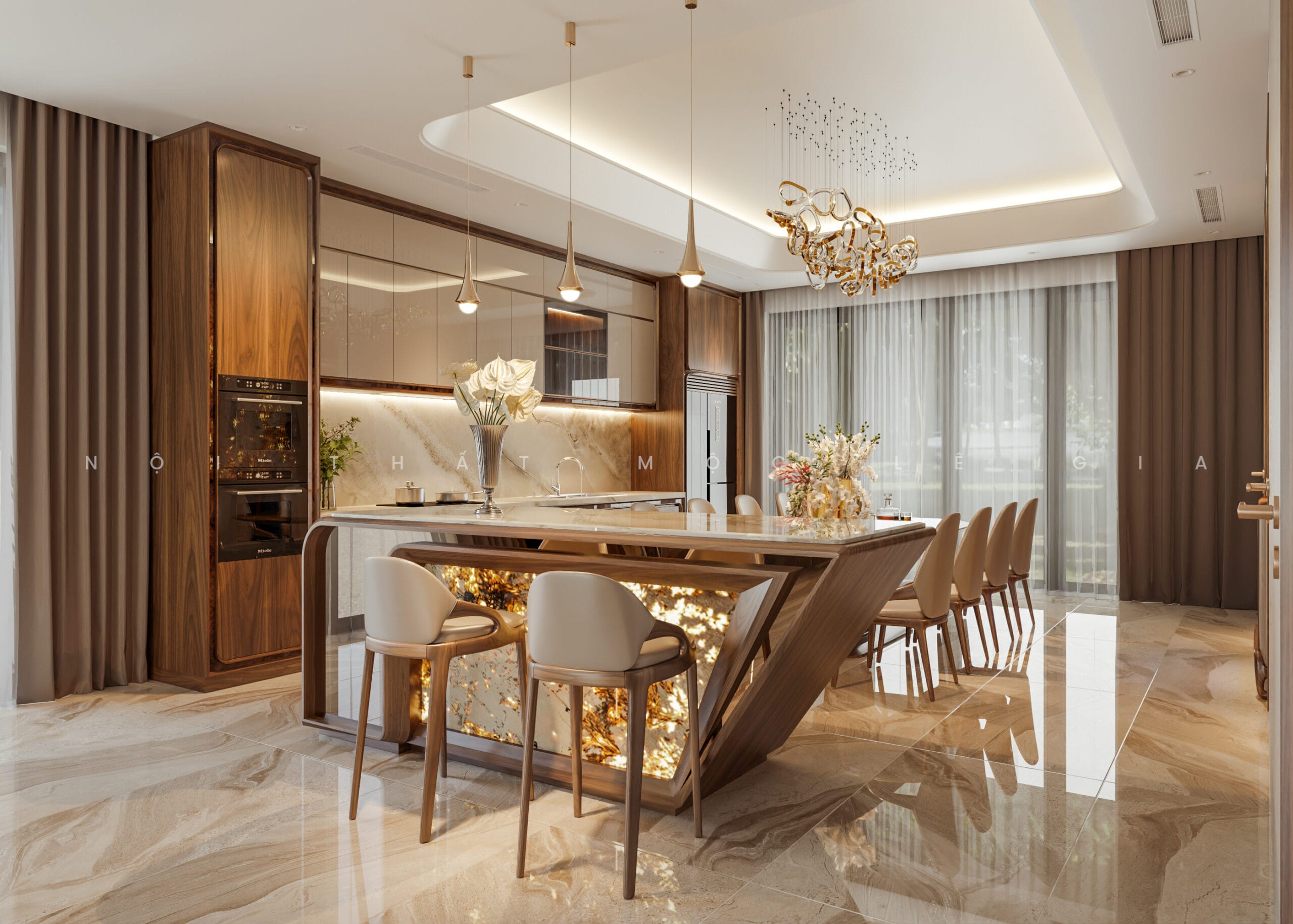 Mộc Lê Gia thiết kế phòng bếp gỗ óc chó