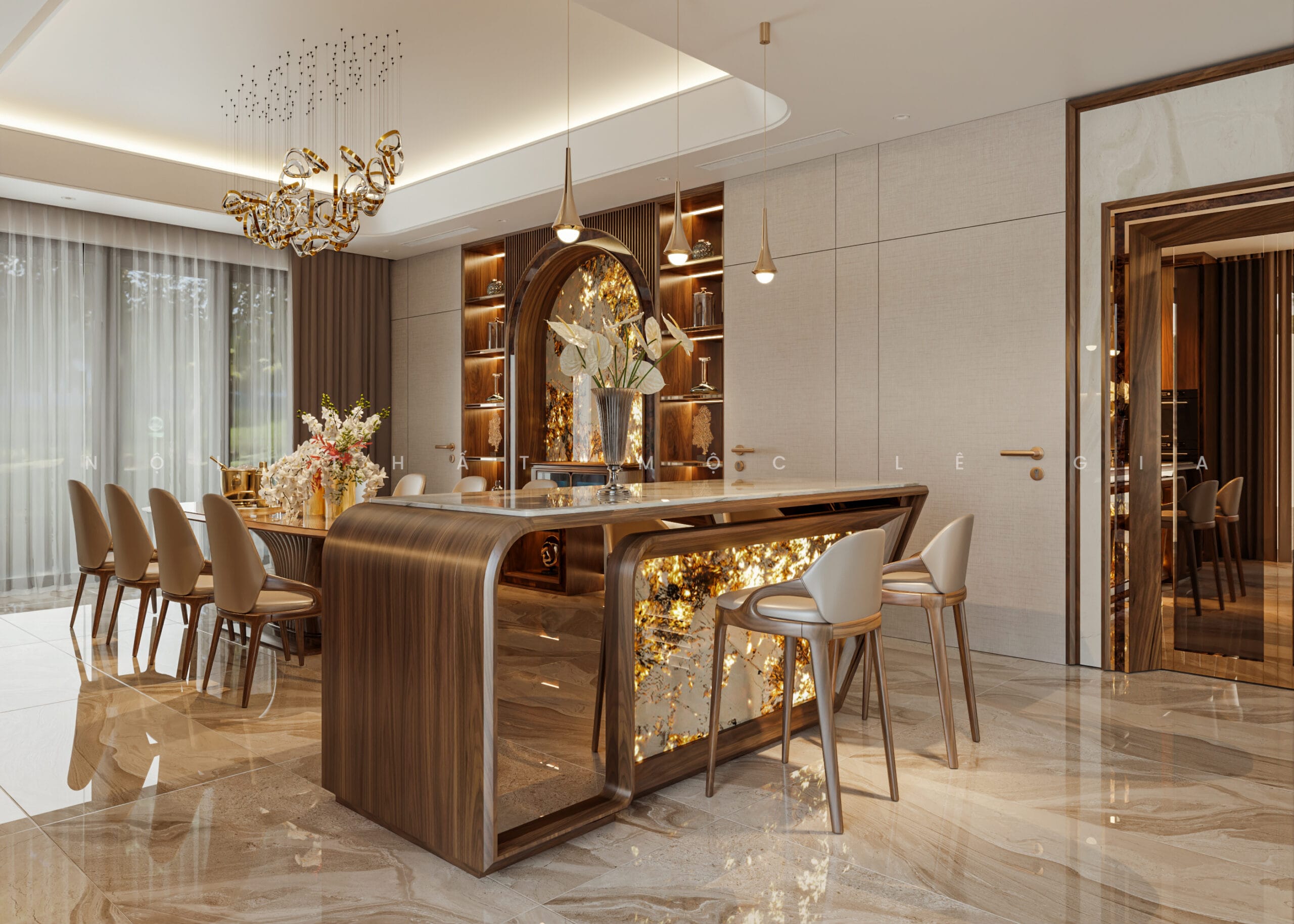 Mộc Lê Gia thiết kế phòng bếp gỗ óc chó