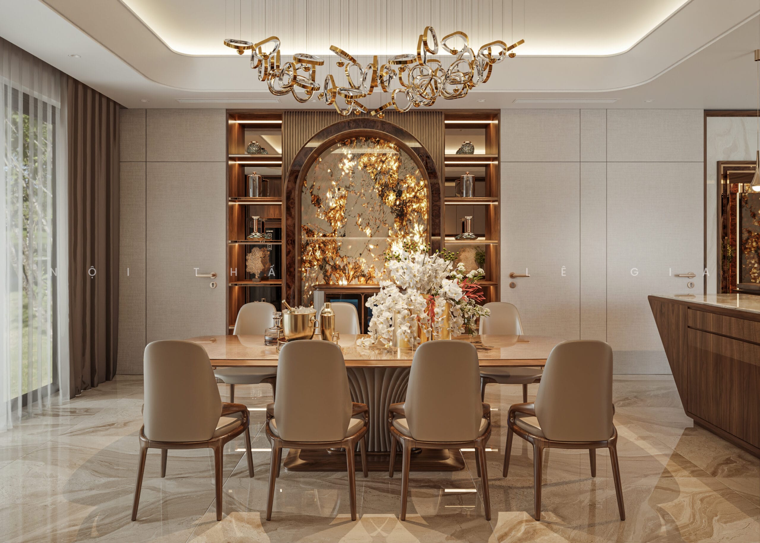 Mộc Lê Gia thiết kế phòng bếp gỗ óc chó