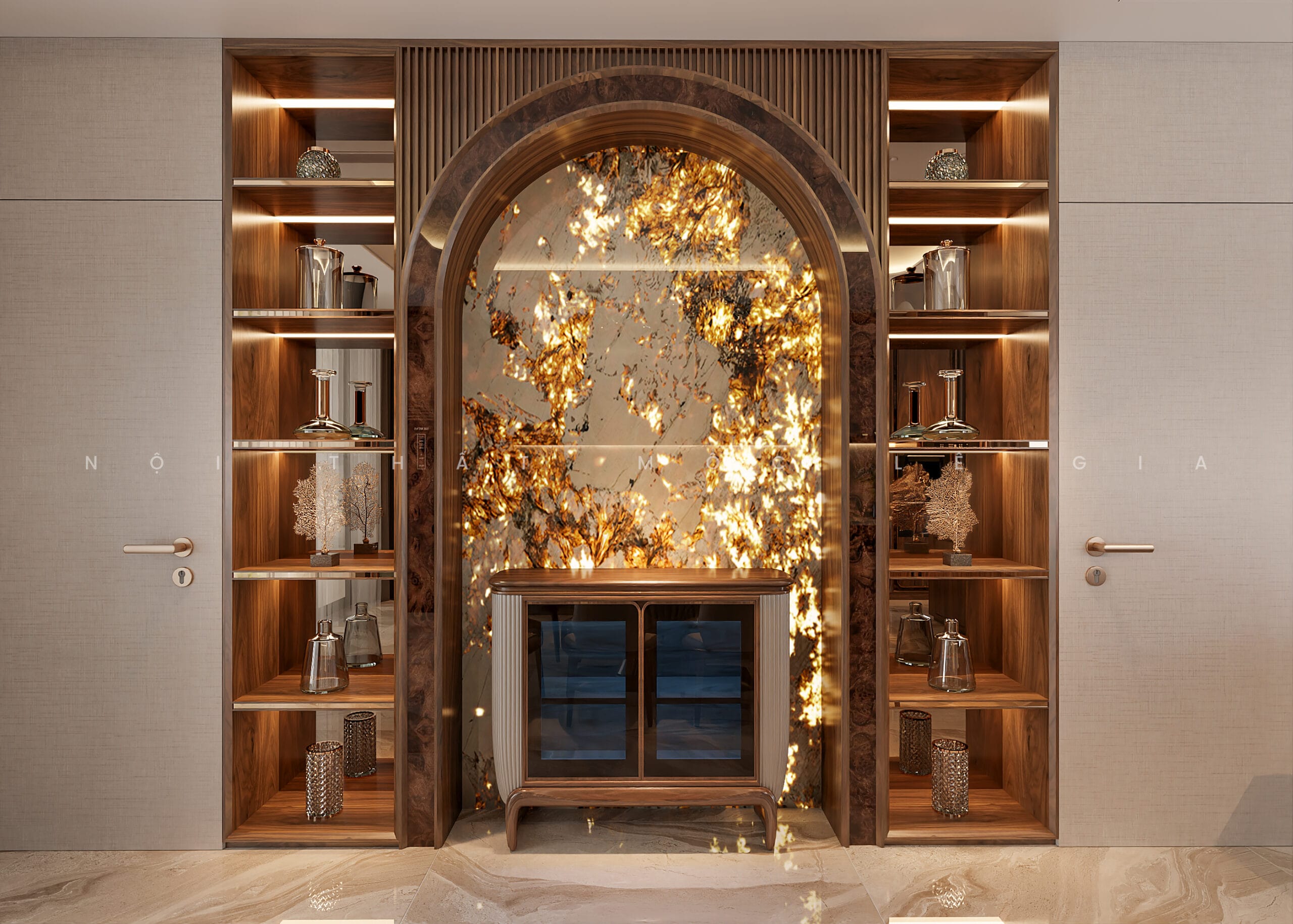 Mộc Lê Gia thiết kế phòng bếp gỗ óc chó