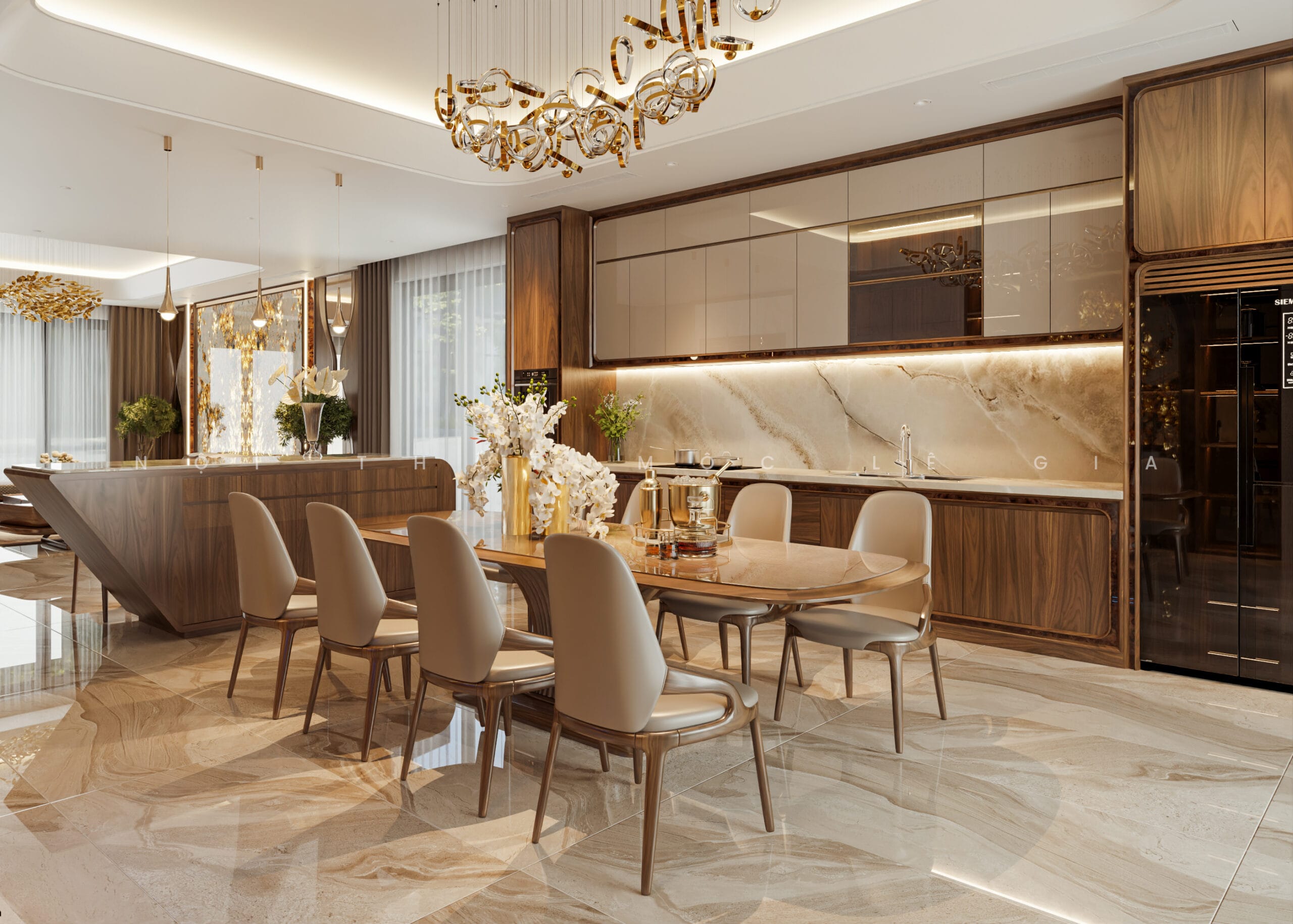 Mộc Lê Gia thiết kế phòng bếp gỗ óc chó