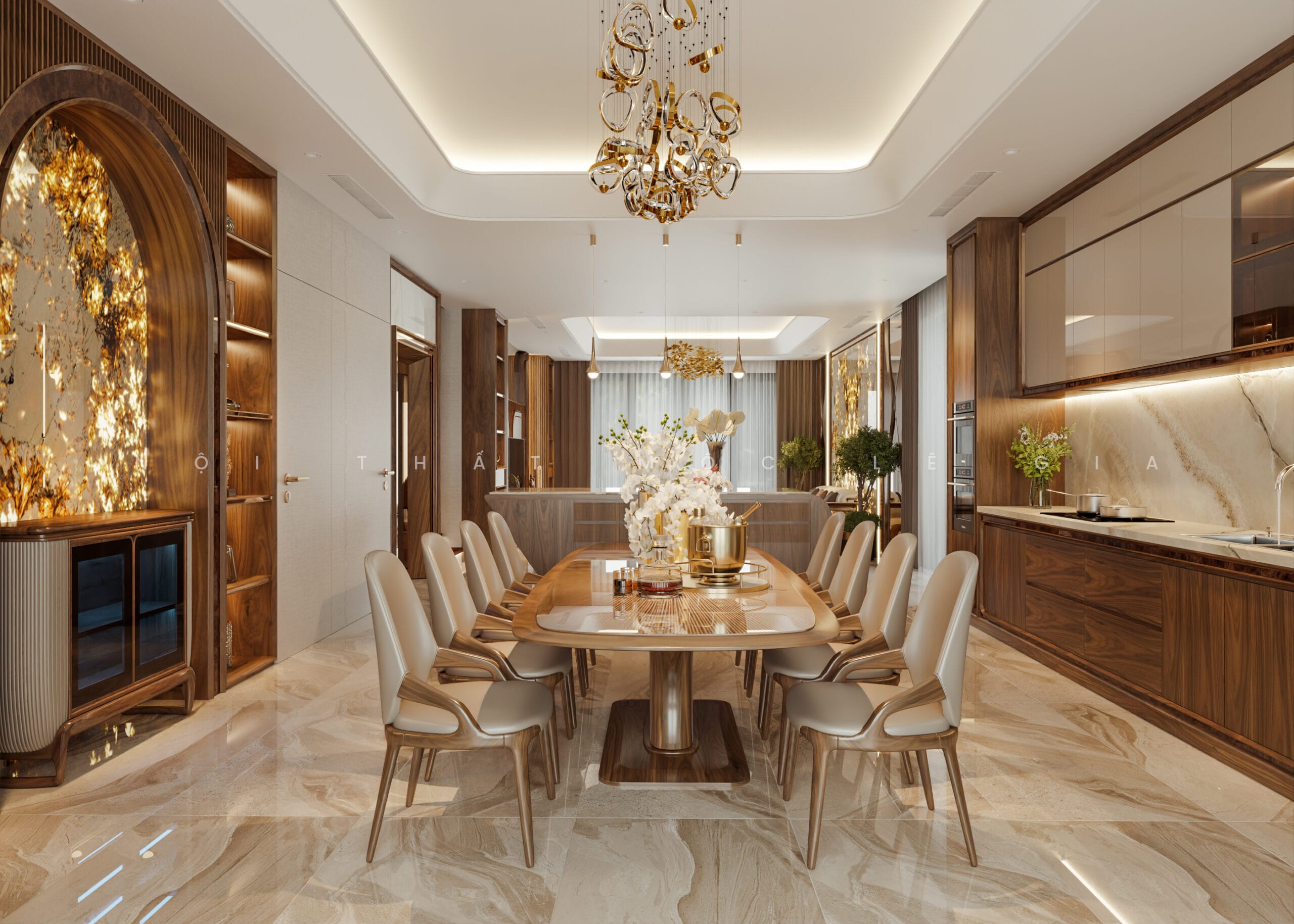 Mộc Lê Gia thiết kế phòng bếp gỗ óc chó