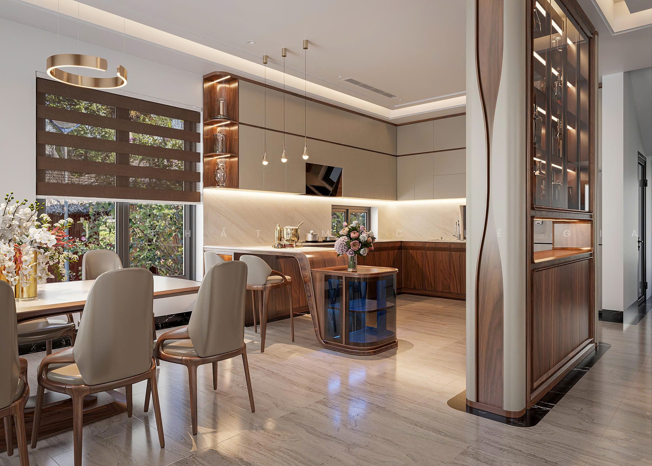 Mộc Lê Gia thiết kế phòng bếp gỗ óc chó