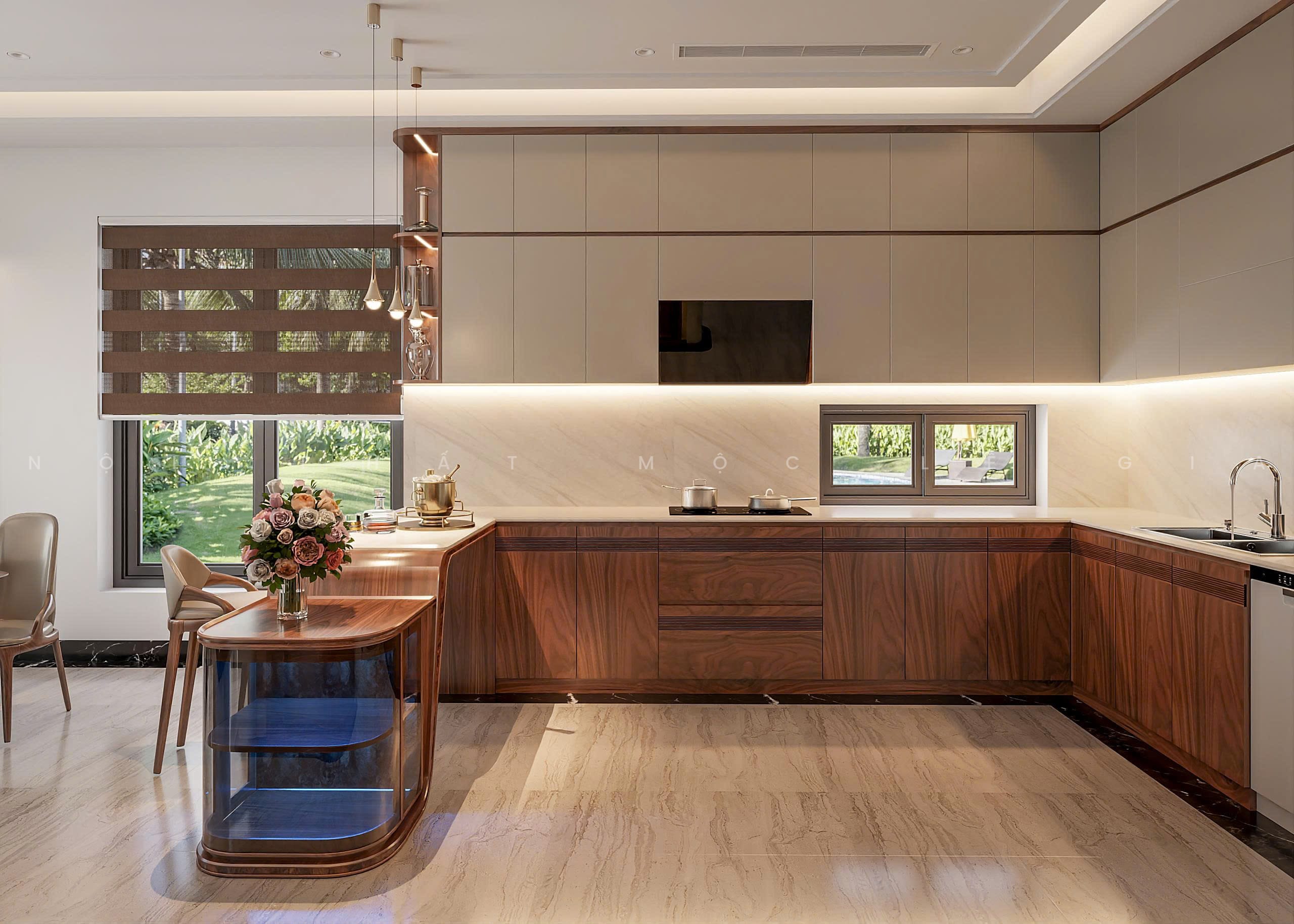 Mộc Lê Gia thiết kế phòng bếp gỗ óc chó