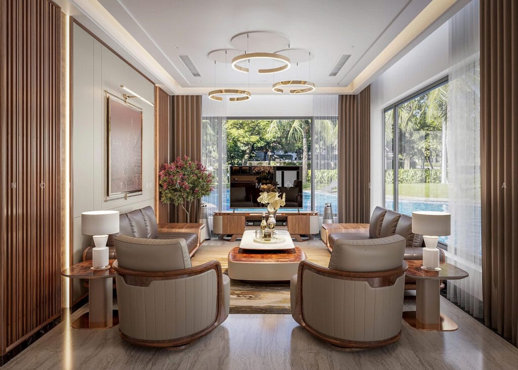 Mộc Lê Gia thiết kế phòng khách gỗ óc chó