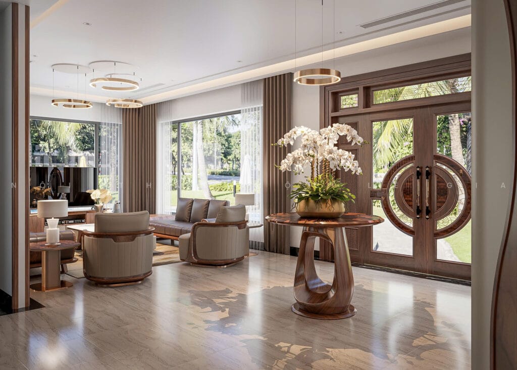 Mộc Lê Gia thiết kế phòng khách gỗ óc chó