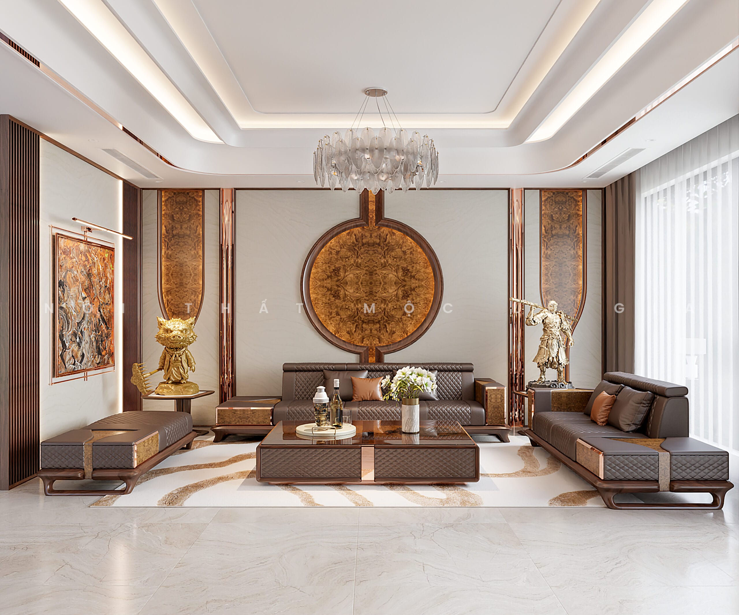 Mộc Lê Gia thiết kế phòng khách gỗ óc chó