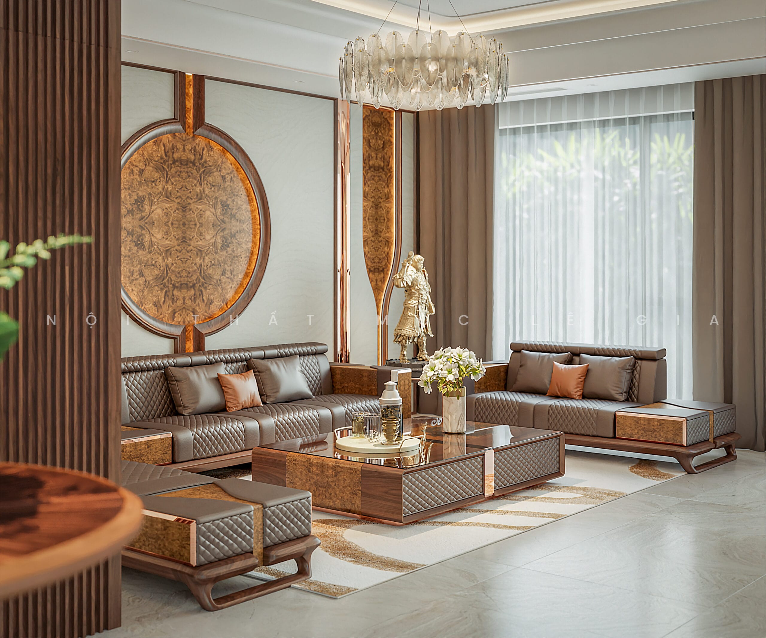 Mộc Lê Gia thiết kế phòng khách gỗ óc chó