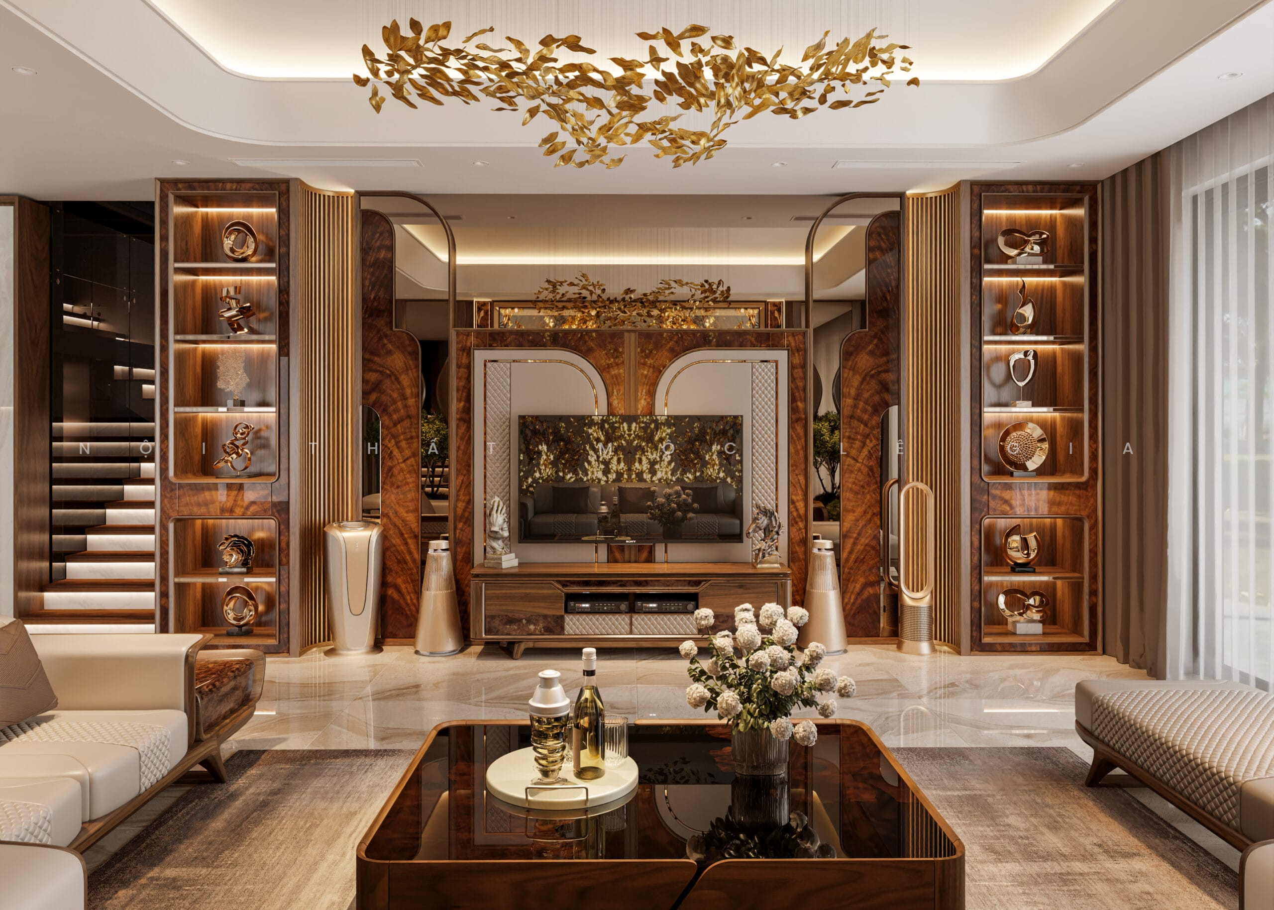 Mộc Lê Gia thiết kế phòng khách gỗ óc chó