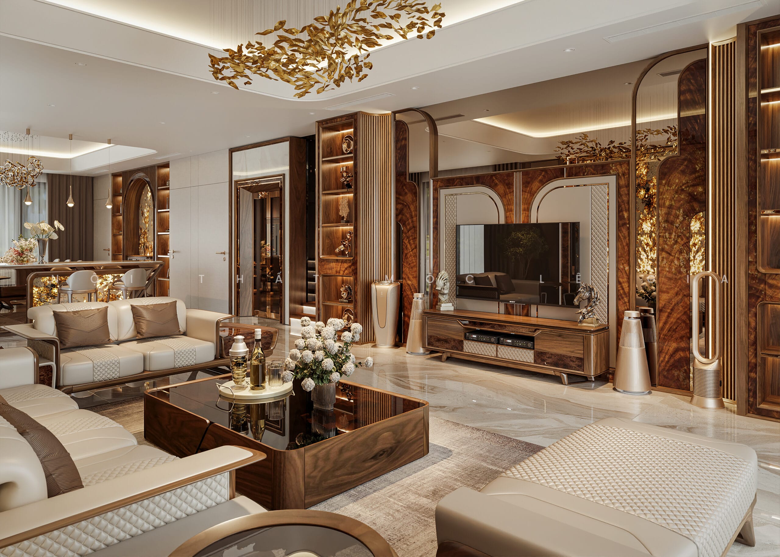 Mộc Lê Gia thiết kế phòng khách gỗ óc chó