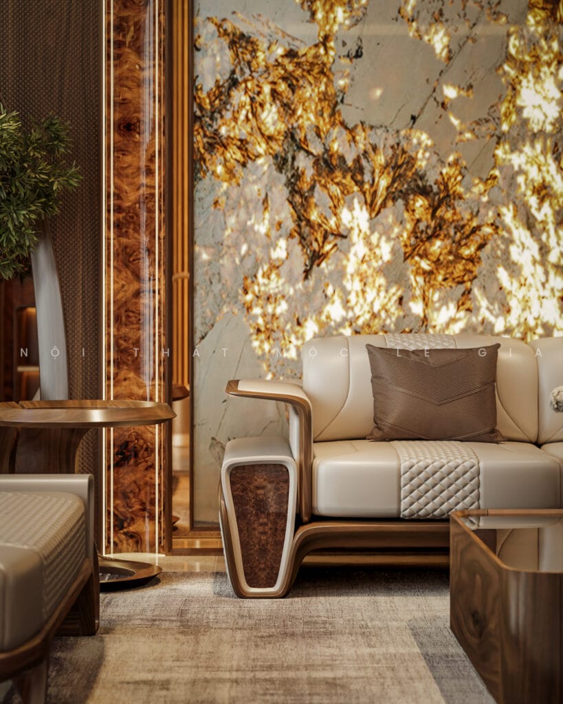 Mộc Lê Gia thiết kế phòng khách gỗ óc chó