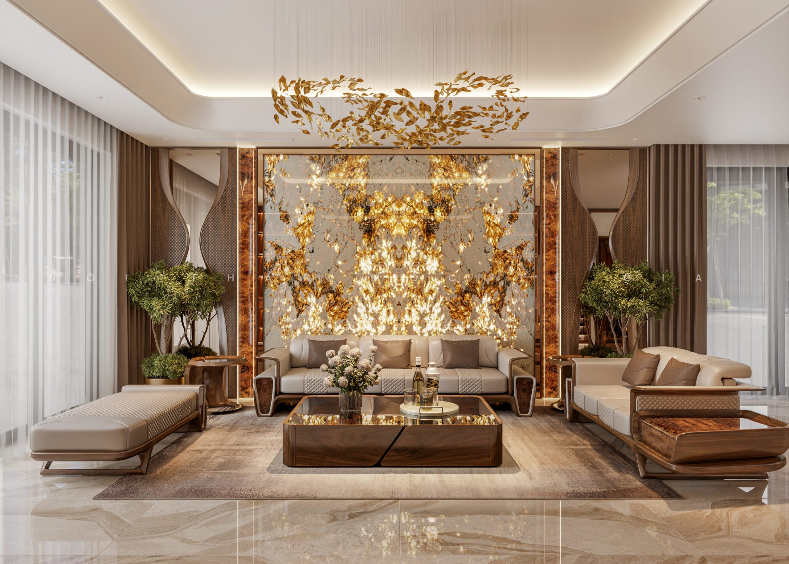 Mộc Lê Gia thiết kế phòng khách gỗ óc chó