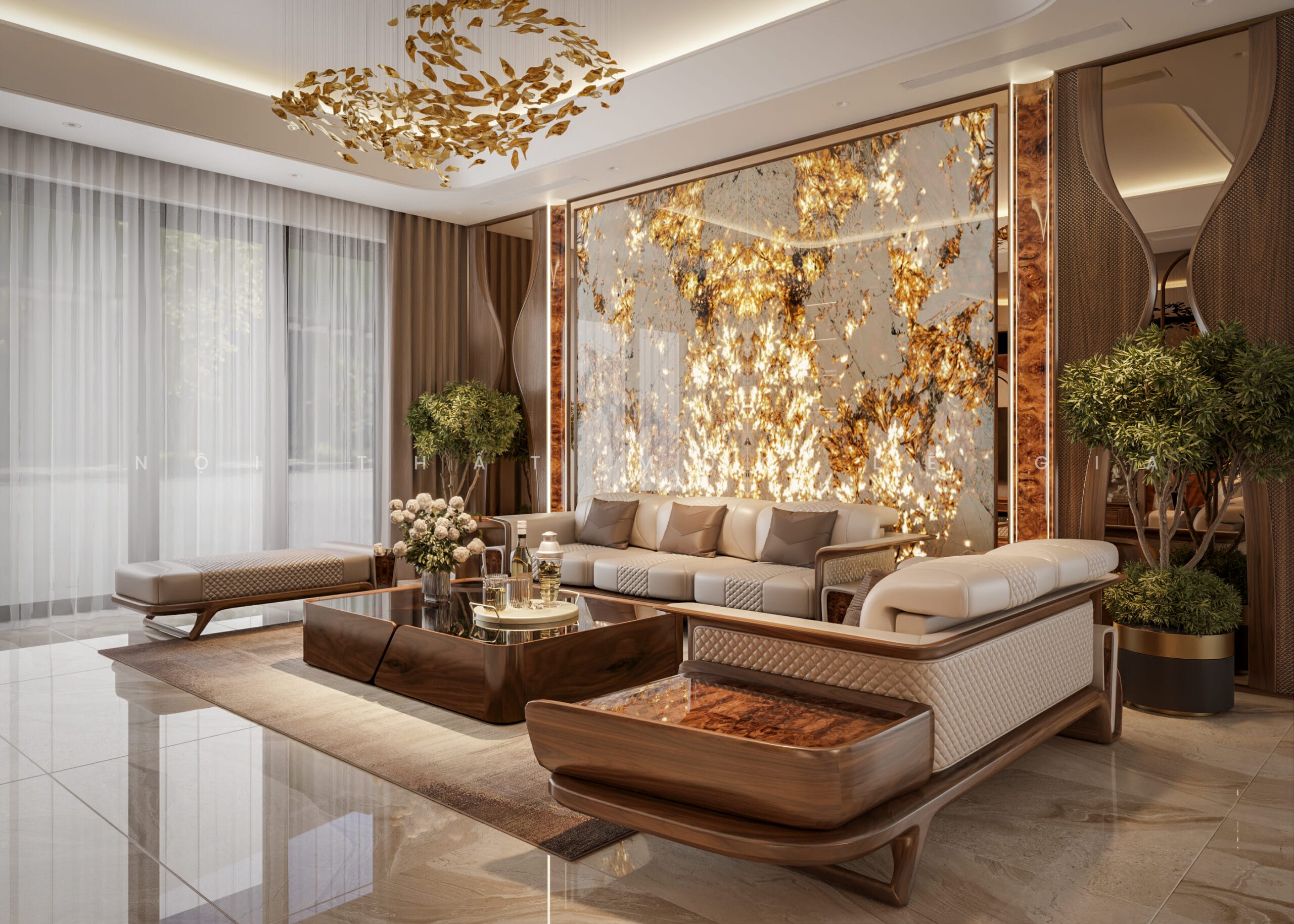 Mộc Lê Gia thiết kế phòng khách gỗ óc chó