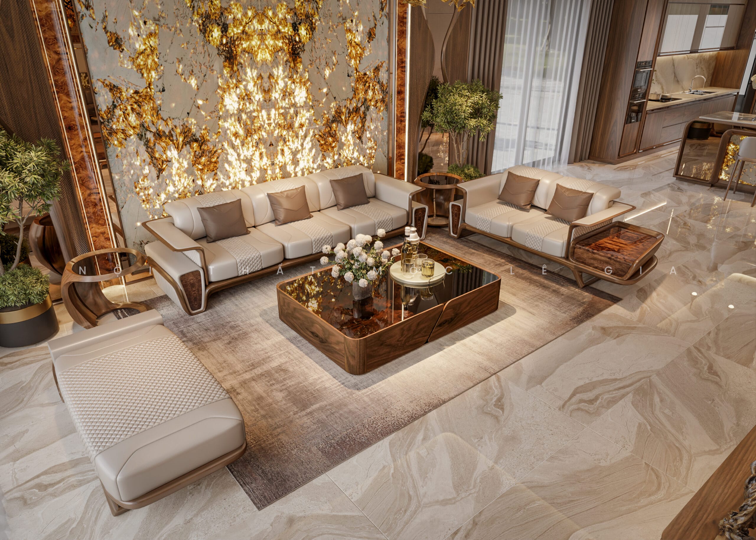 Mộc Lê Gia thiết kế phòng khách gỗ óc chó