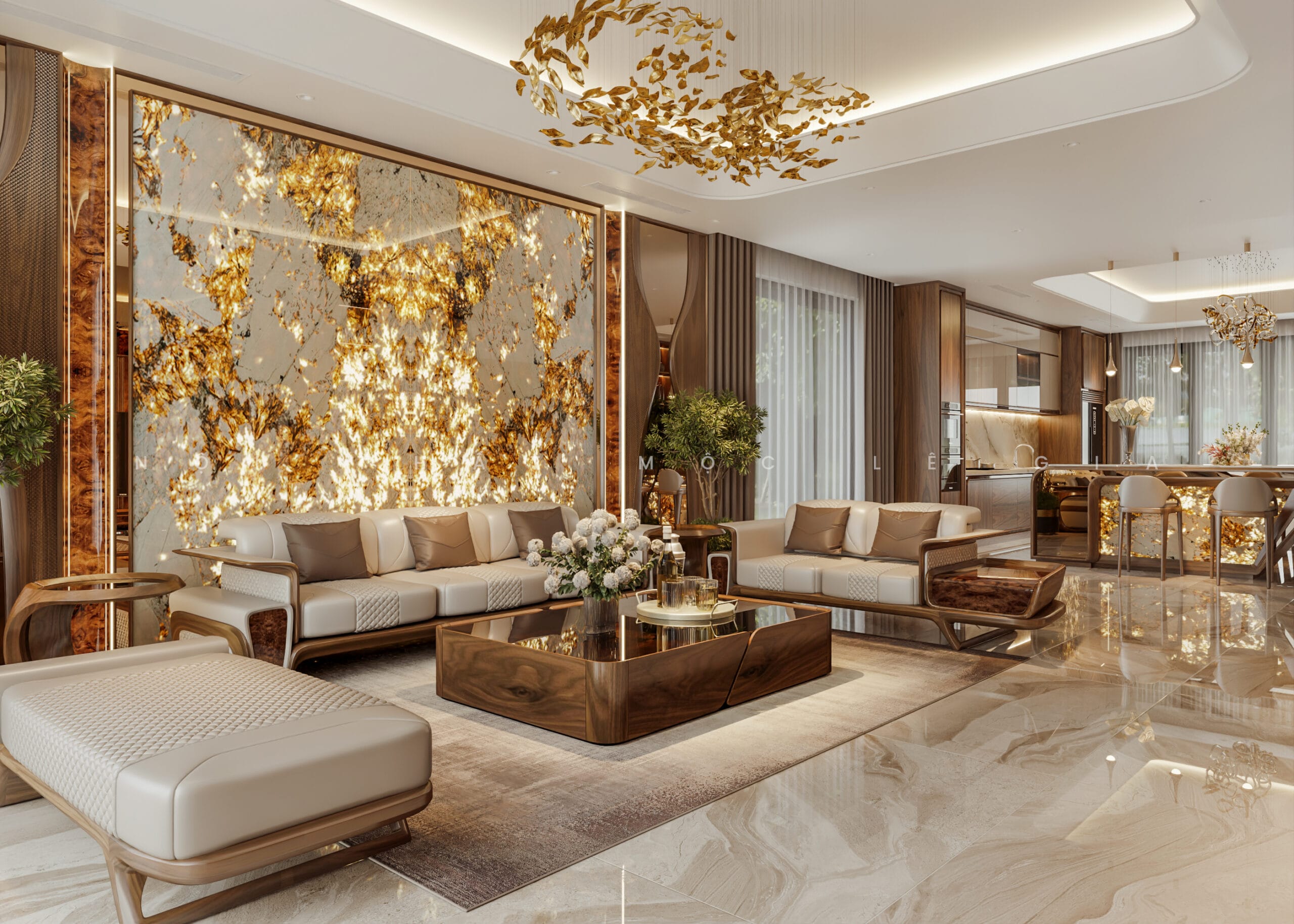 Mộc Lê Gia thiết kế phòng khách gỗ óc chó