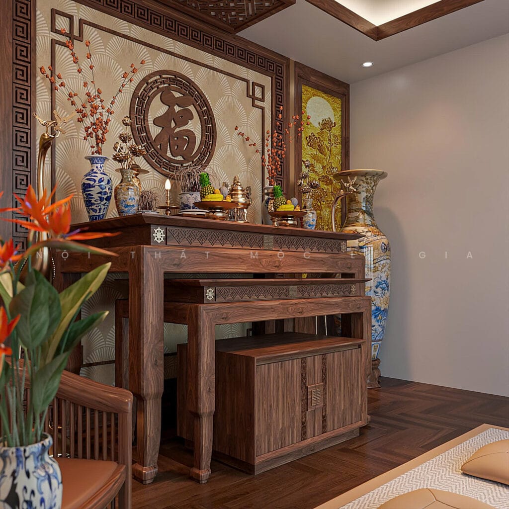 Mộc Lê Gia thiết kế phòng thờ gỗ óc chó