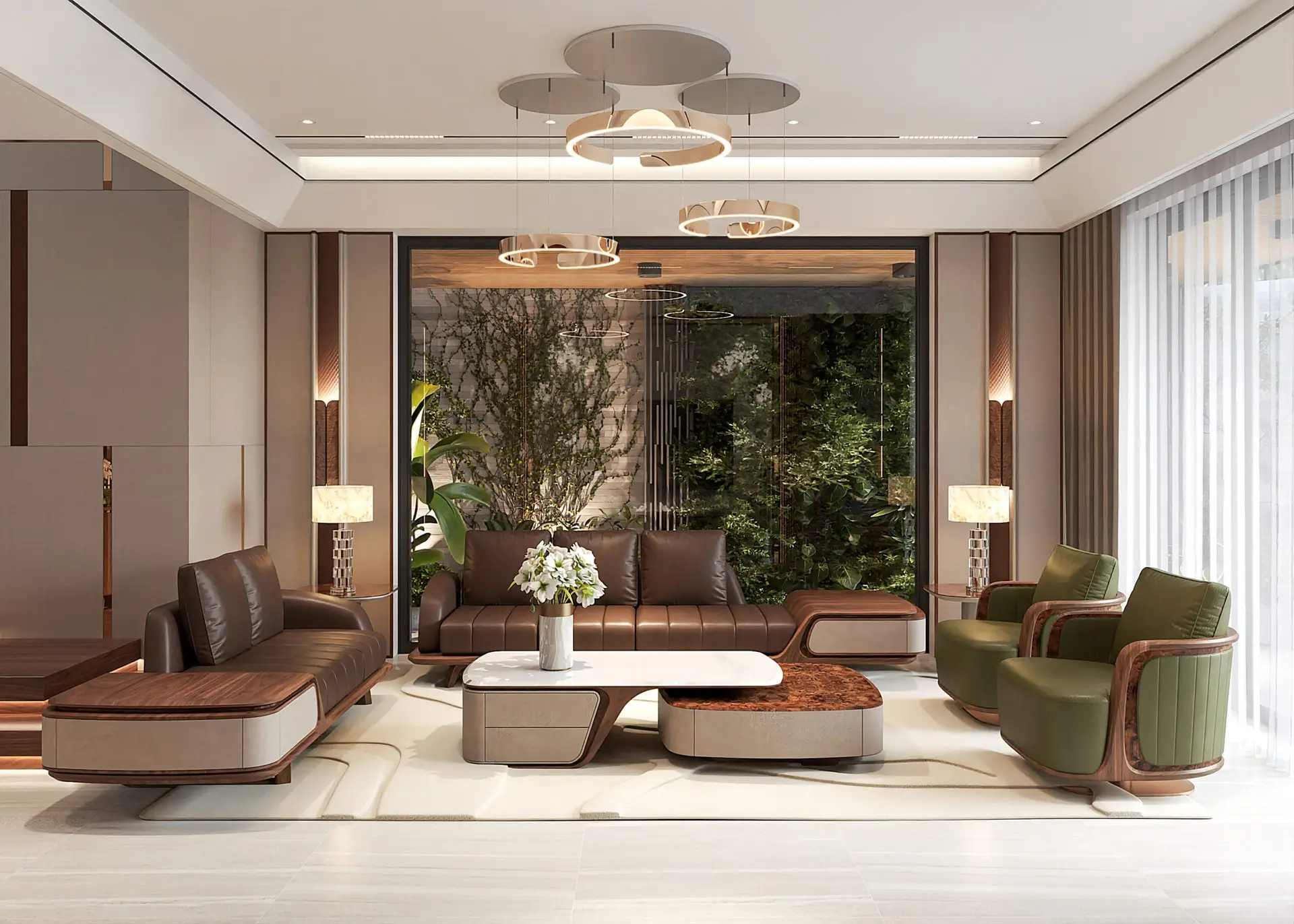 Thiết kế phòng khách gỗ óc chó Mộc Lê Gia