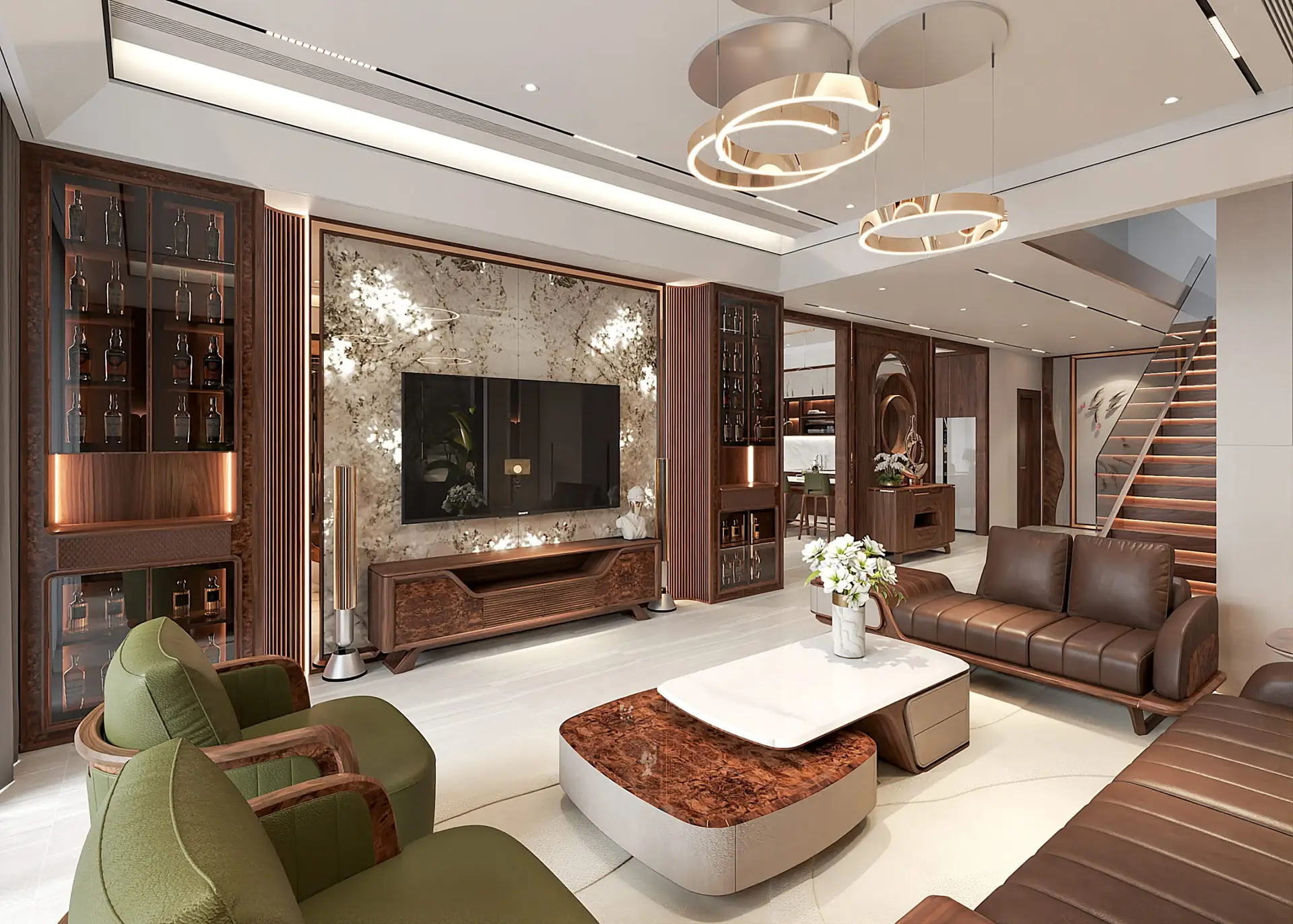 Thiết kế phòng khách gỗ óc chó Mộc Lê Gia