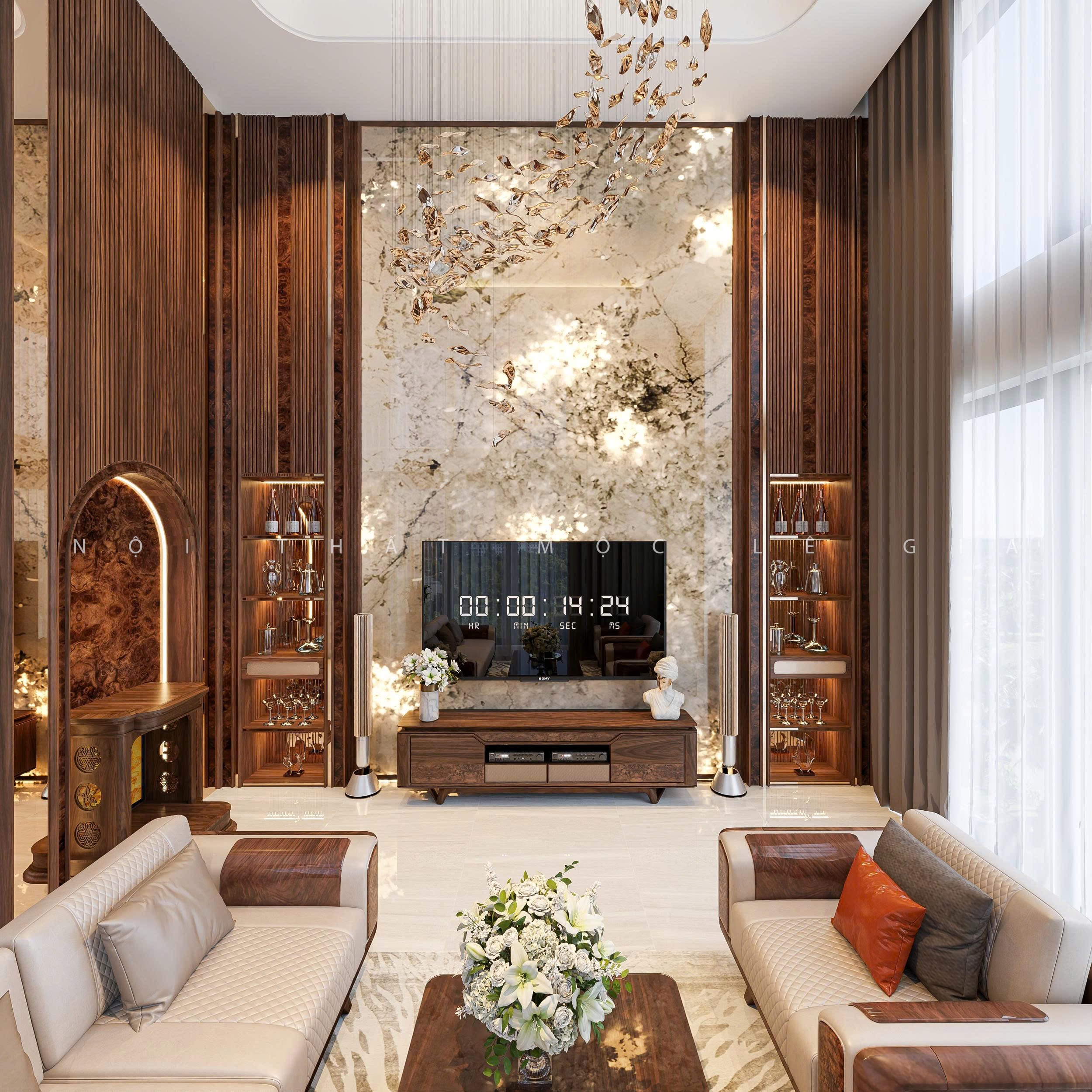 Thiết kế phòng khách gỗ óc chó Mộc Lê Gia