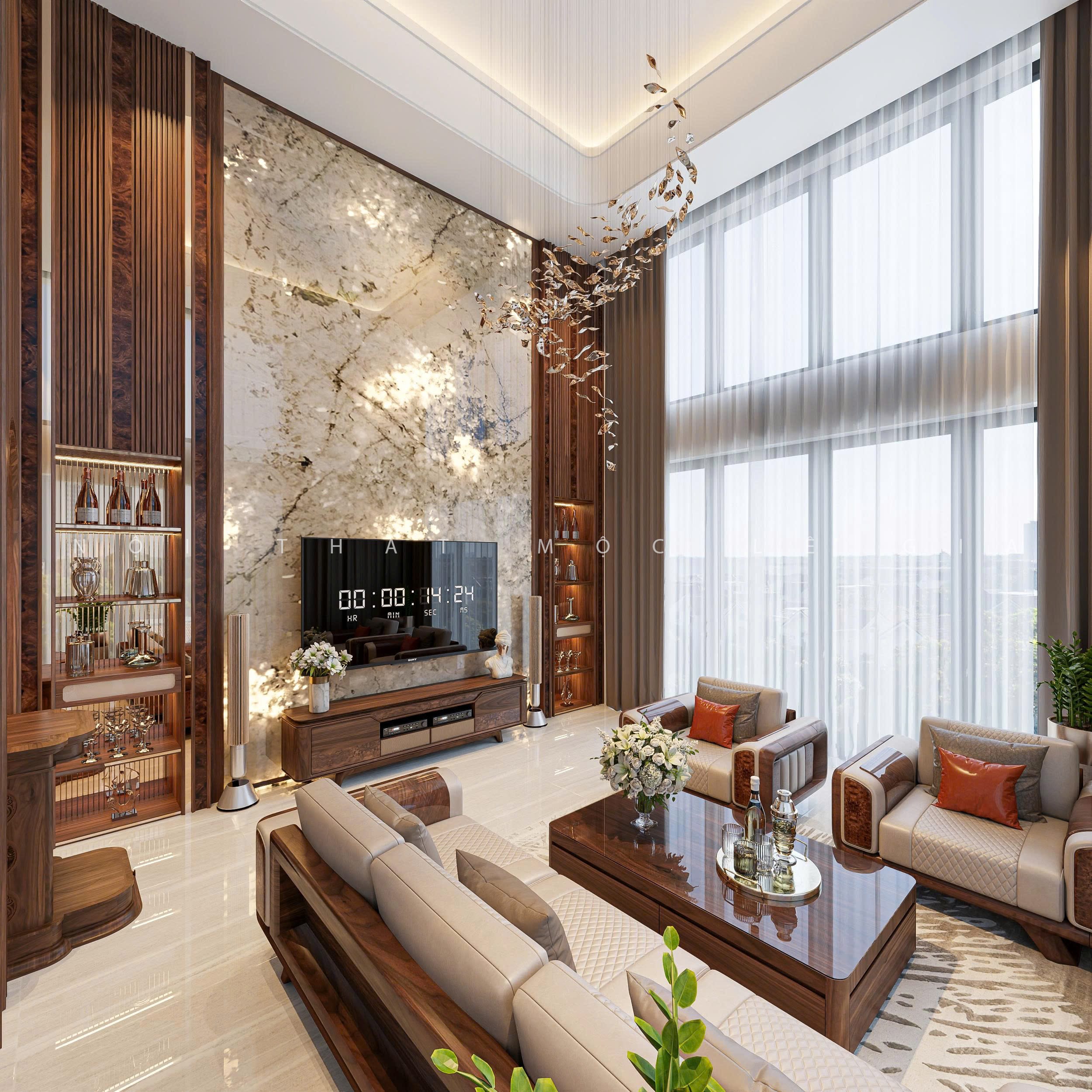 Thiết kế phòng khách gỗ óc chó Mộc Lê Gia