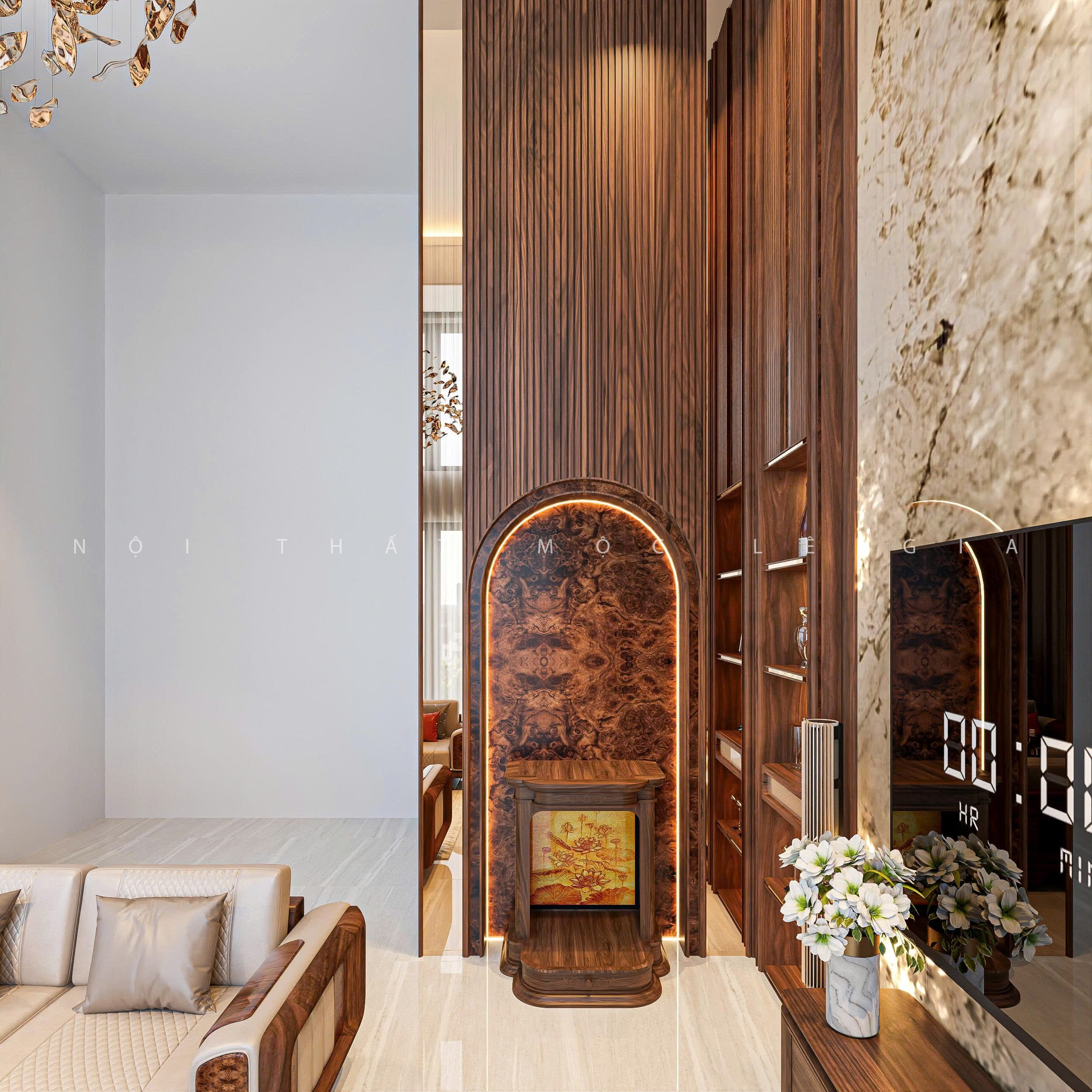 Thiết kế phòng khách gỗ óc chó Mộc Lê Gia