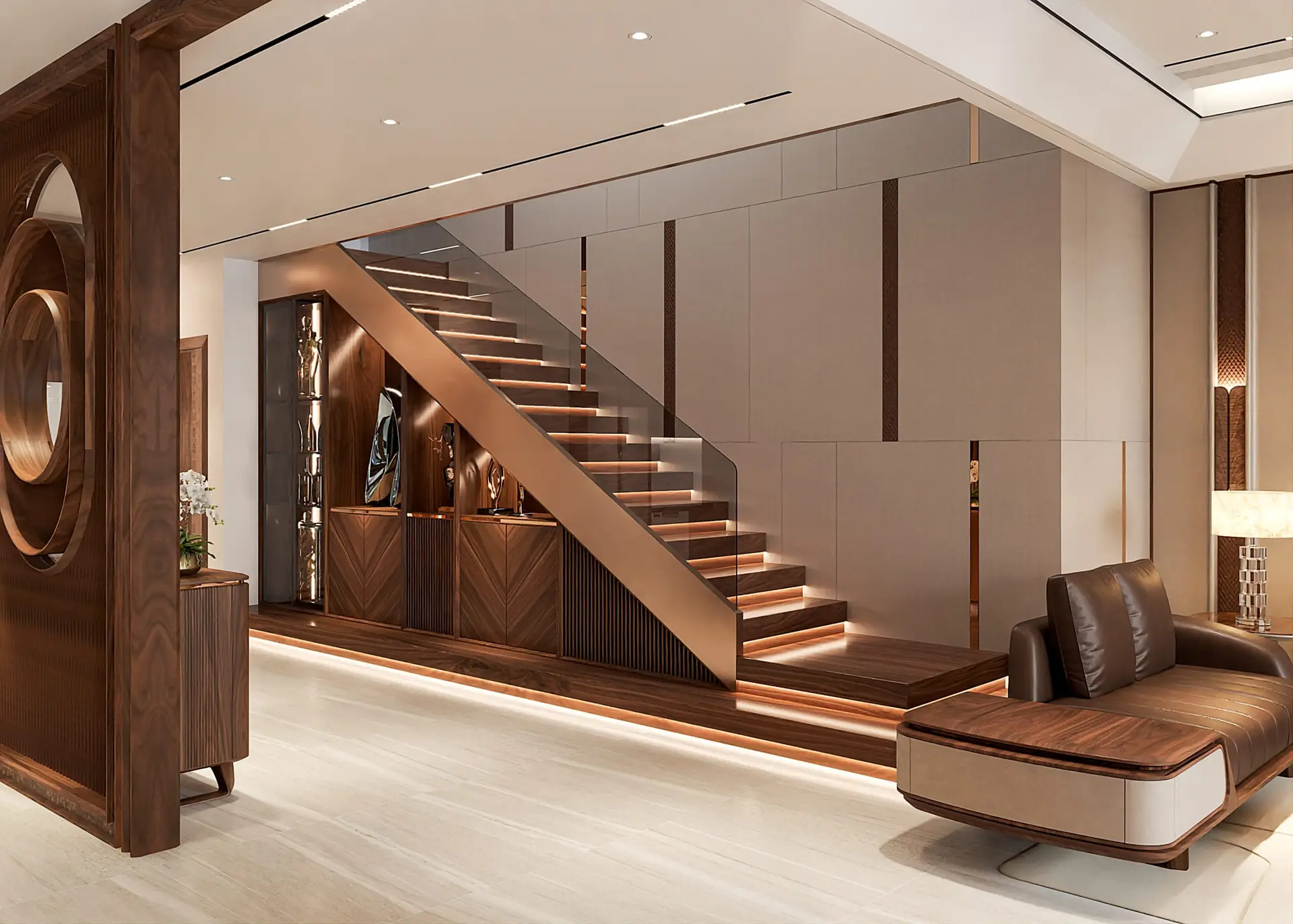 Thiết kế sảnh phòng khách gỗ óc chó Mộc Lê Gia