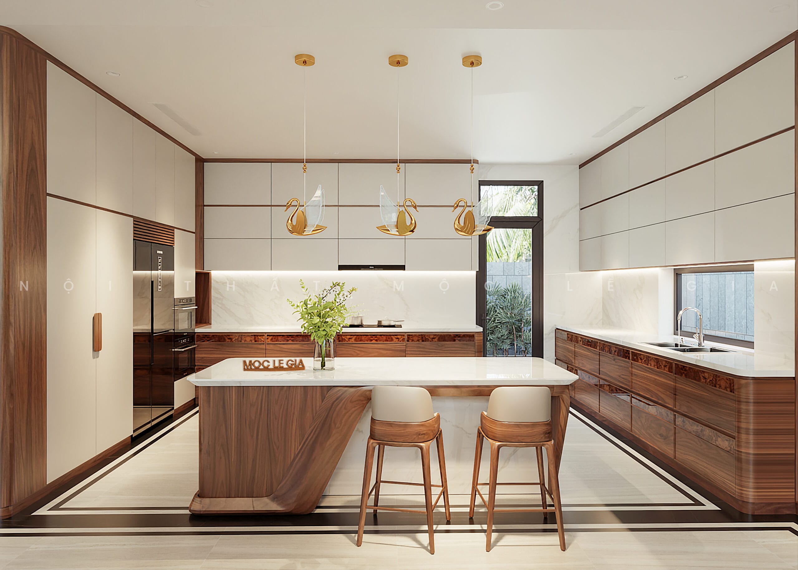 Thiết kế phòng bếp gỗ óc chó Mộc Lê Gia