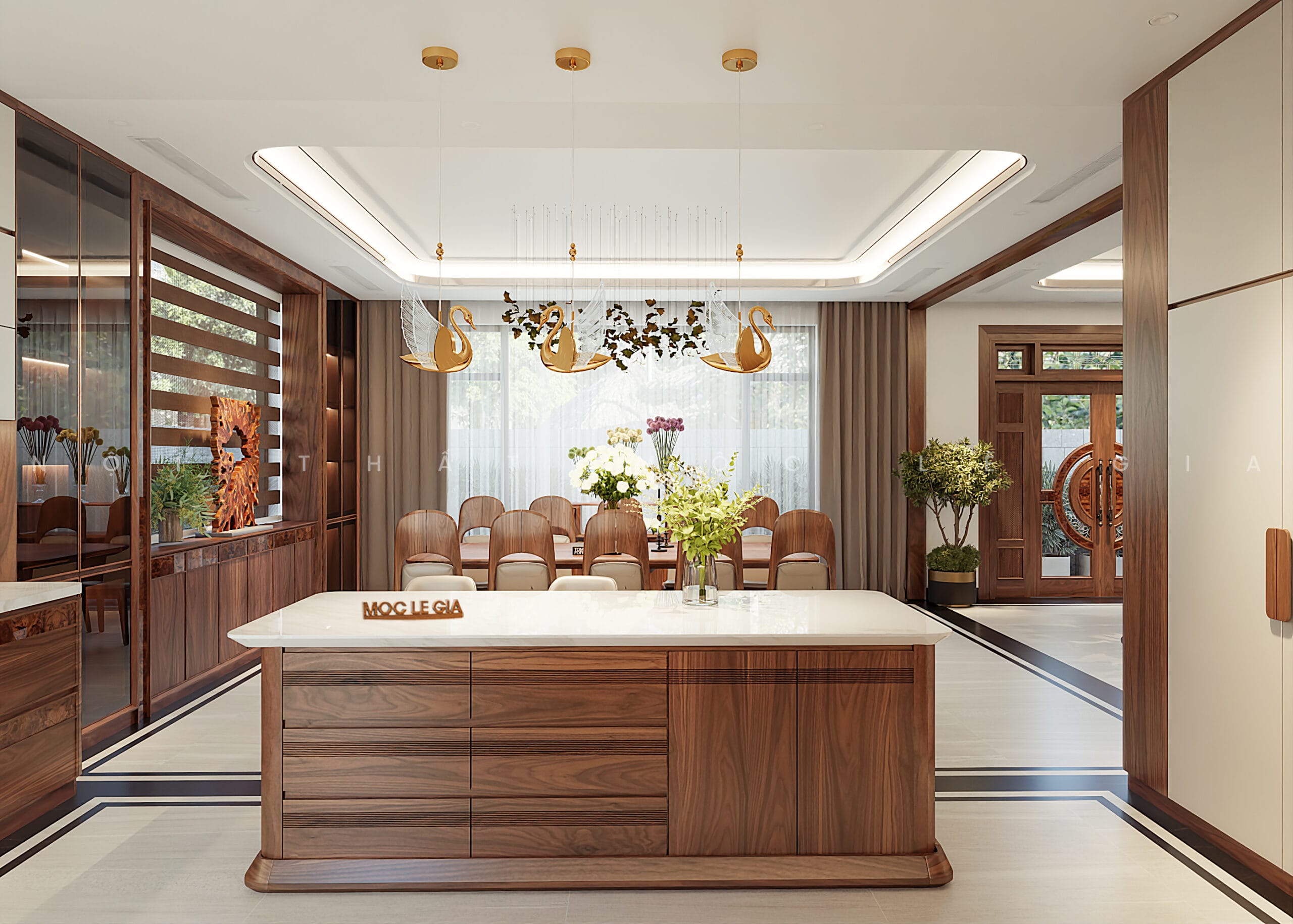 Thiết kế phòng bếp gỗ óc chó Mộc Lê Gia