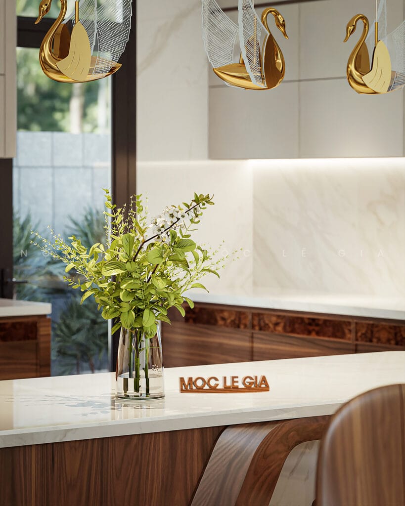 Thiết kế phòng bếp gỗ óc chó Mộc Lê Gia