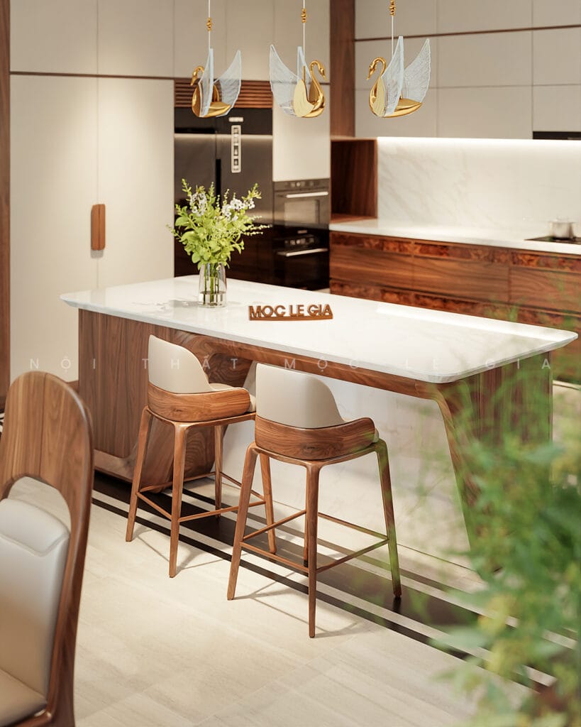 Thiết kế phòng bếp gỗ óc chó Mộc Lê Gia