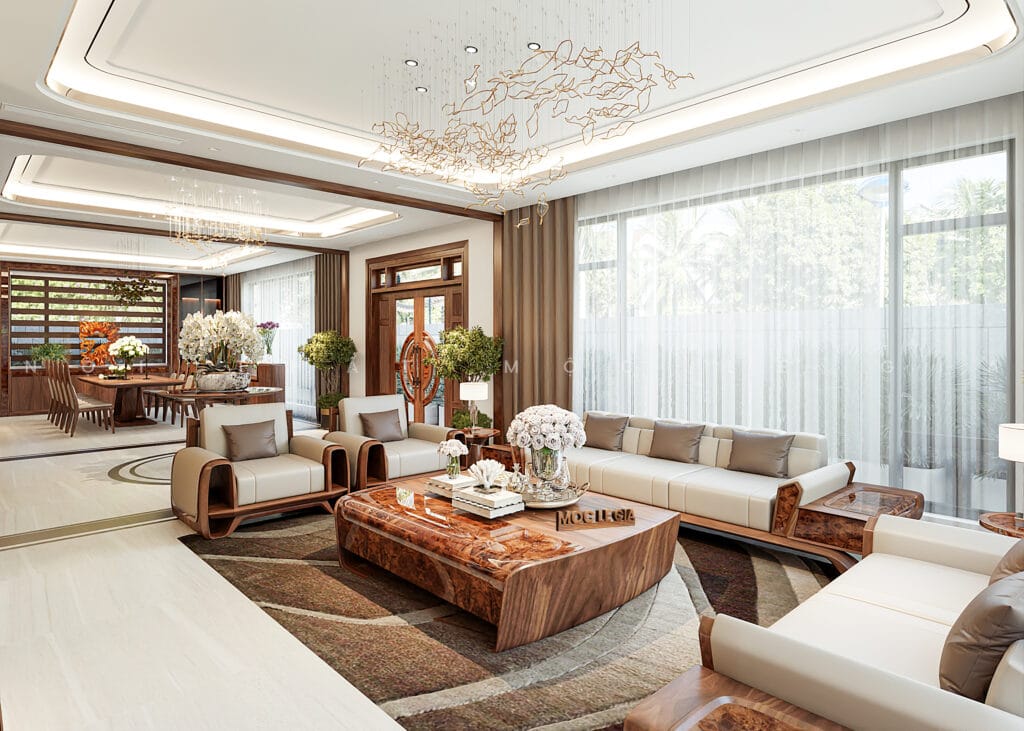 Thiết kế phòng khách gỗ óc chó Mộc Lê Gia