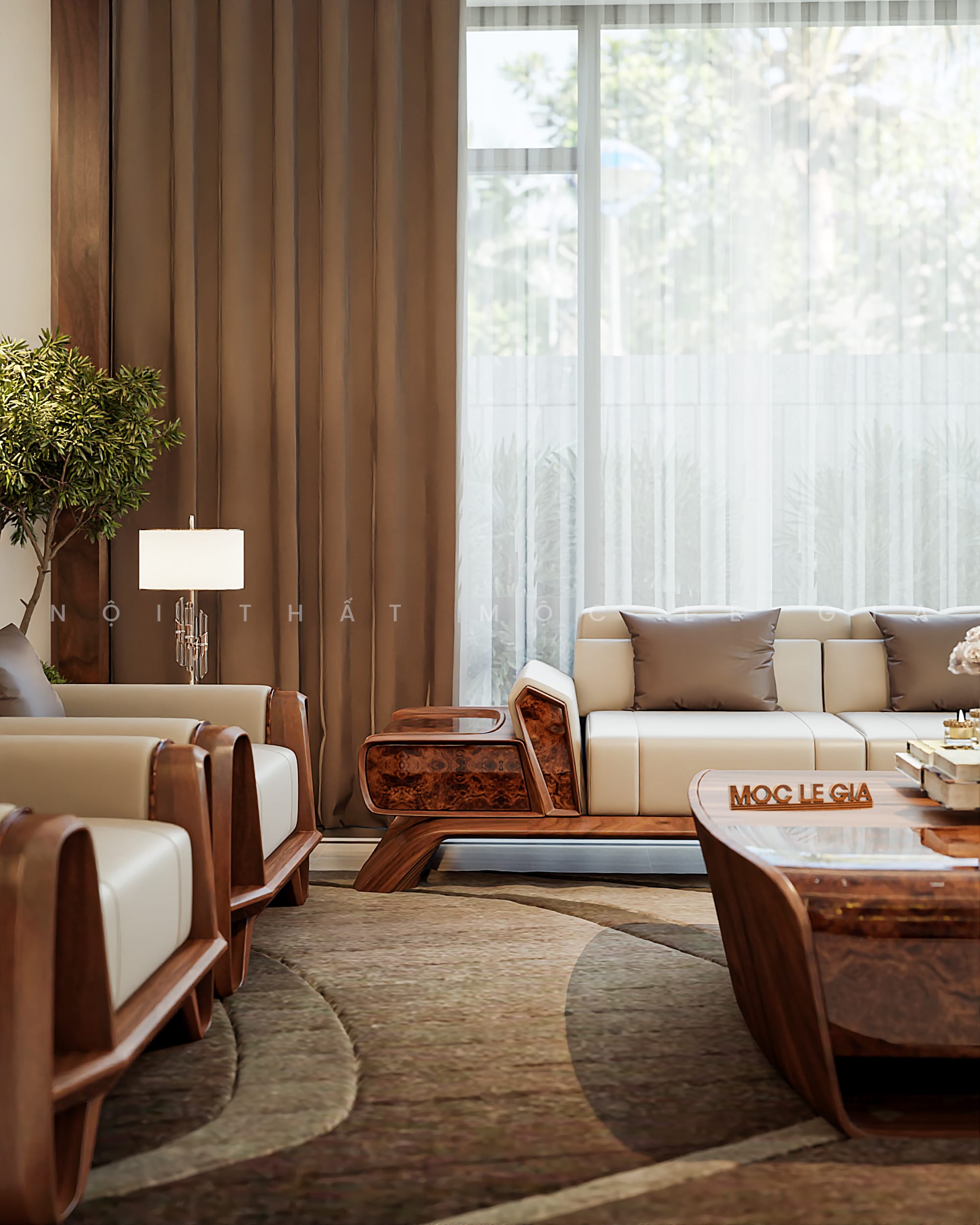 Thiết kế phòng khách gỗ óc chó Mộc Lê Gia