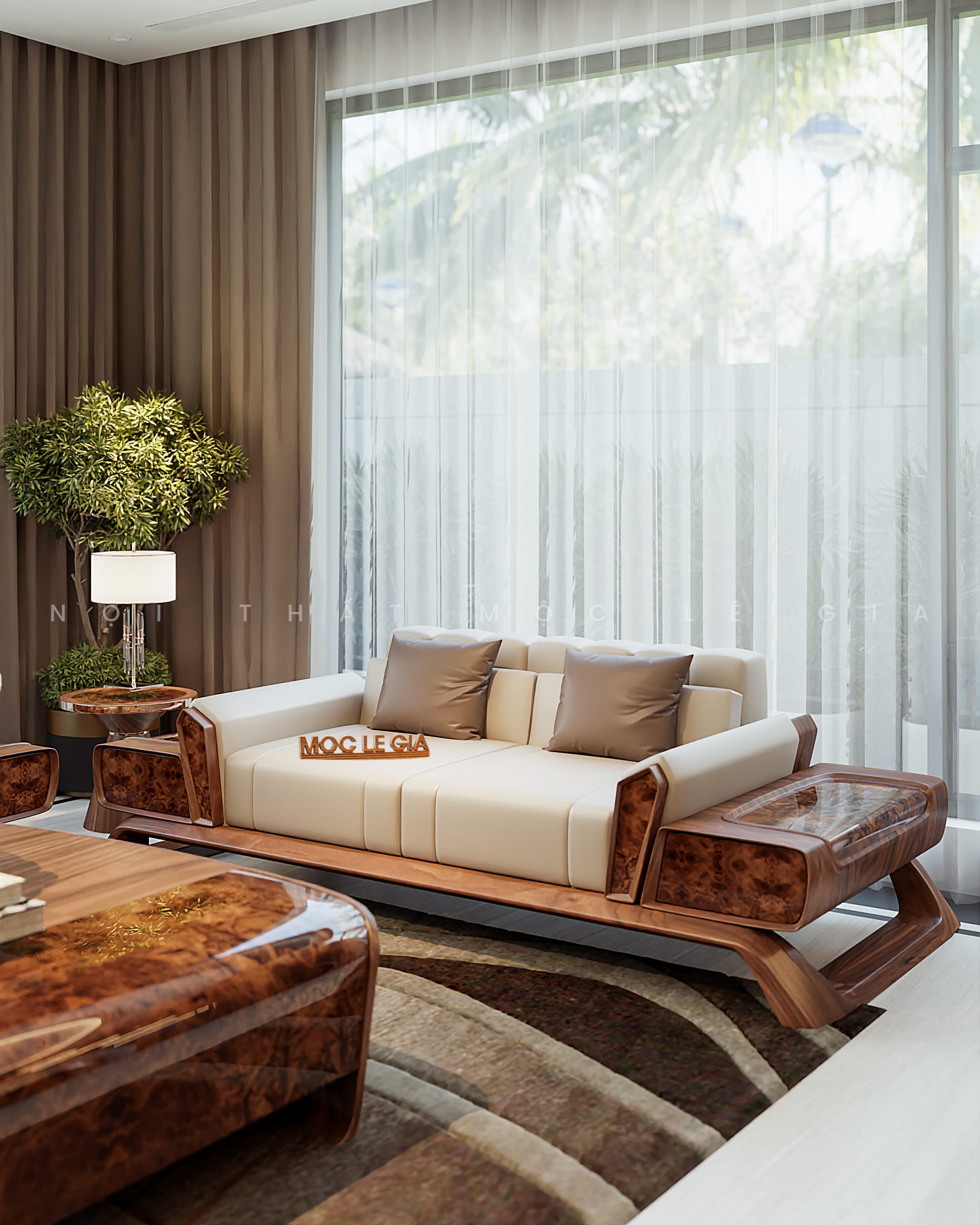 Thiết kế phòng khách gỗ óc chó Mộc Lê Gia