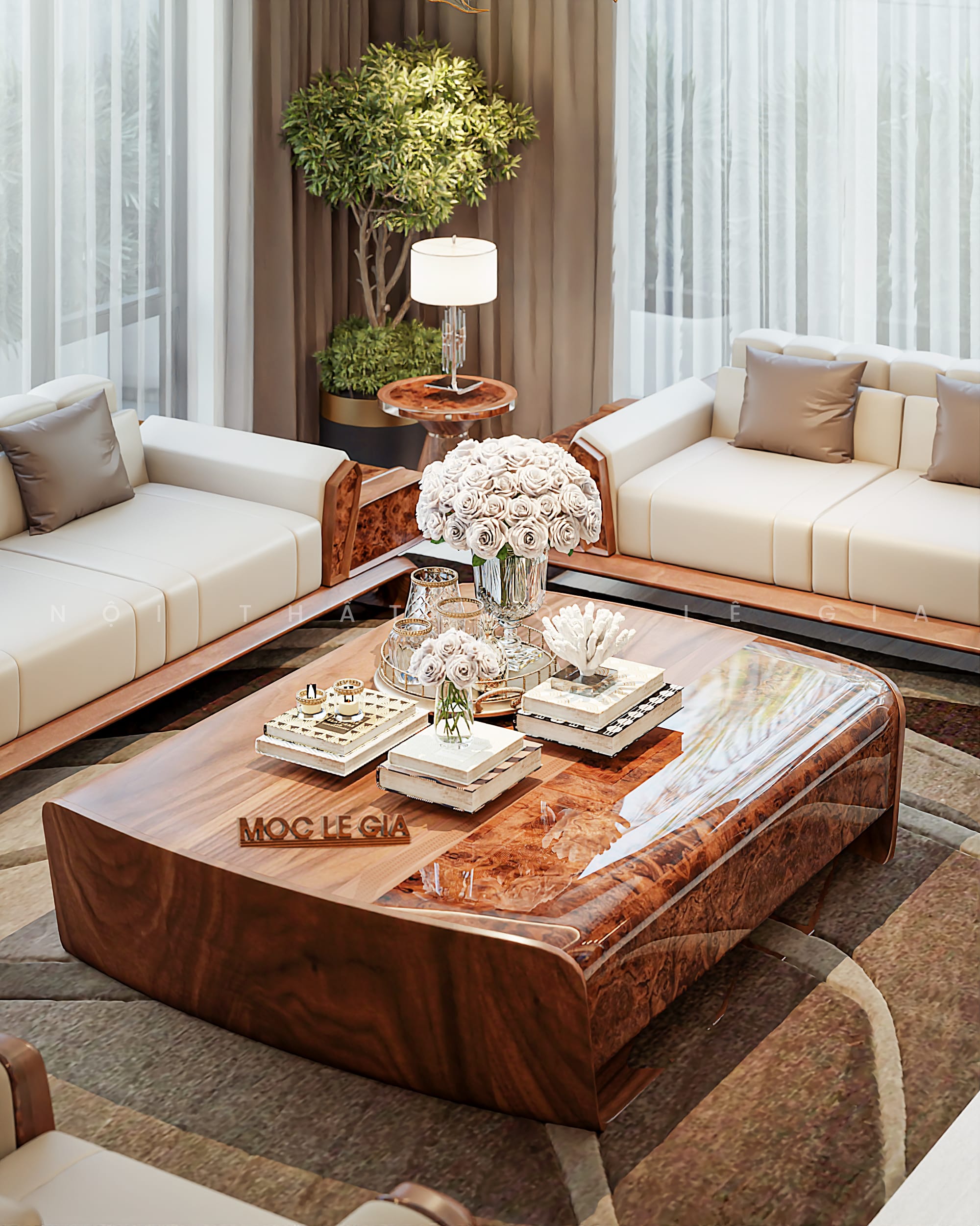 Thiết kế phòng khách gỗ óc chó Mộc Lê Gia