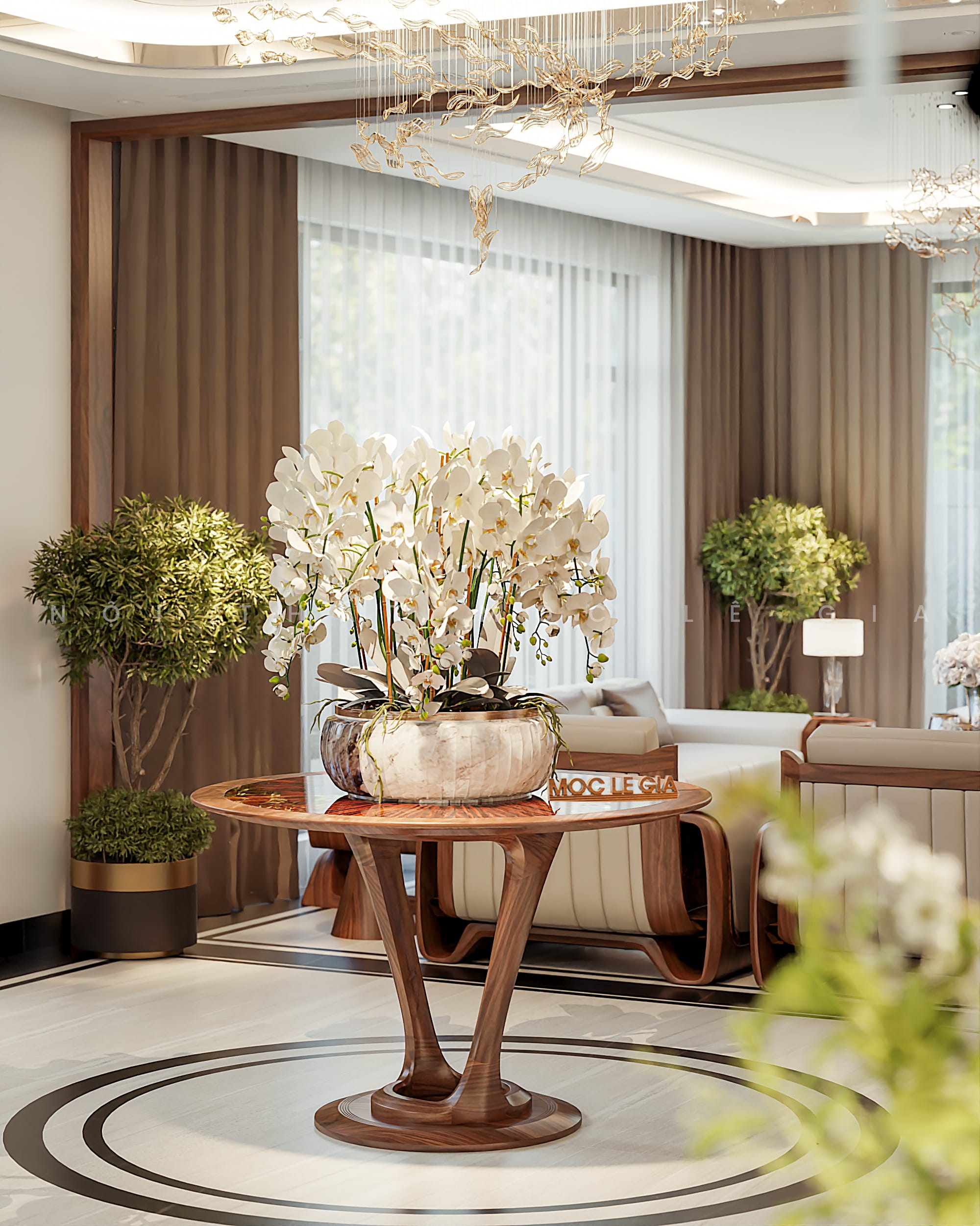 Thiết kế phòng khách gỗ óc chó Mộc Lê Gia