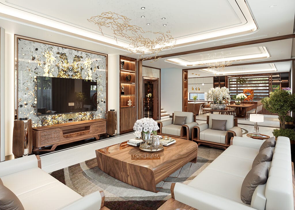 Thiết kế phòng khách gỗ óc chó Mộc Lê Gia