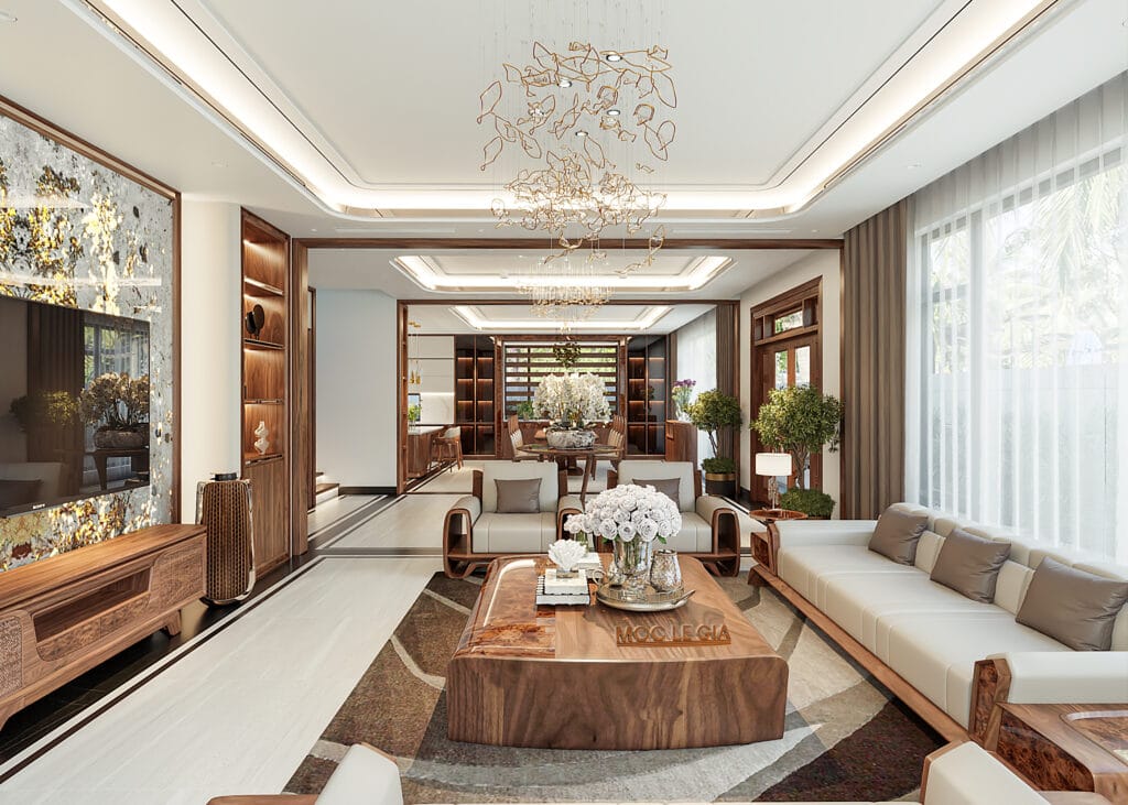 Thiết kế phòng khách gỗ óc chó Mộc Lê Gia