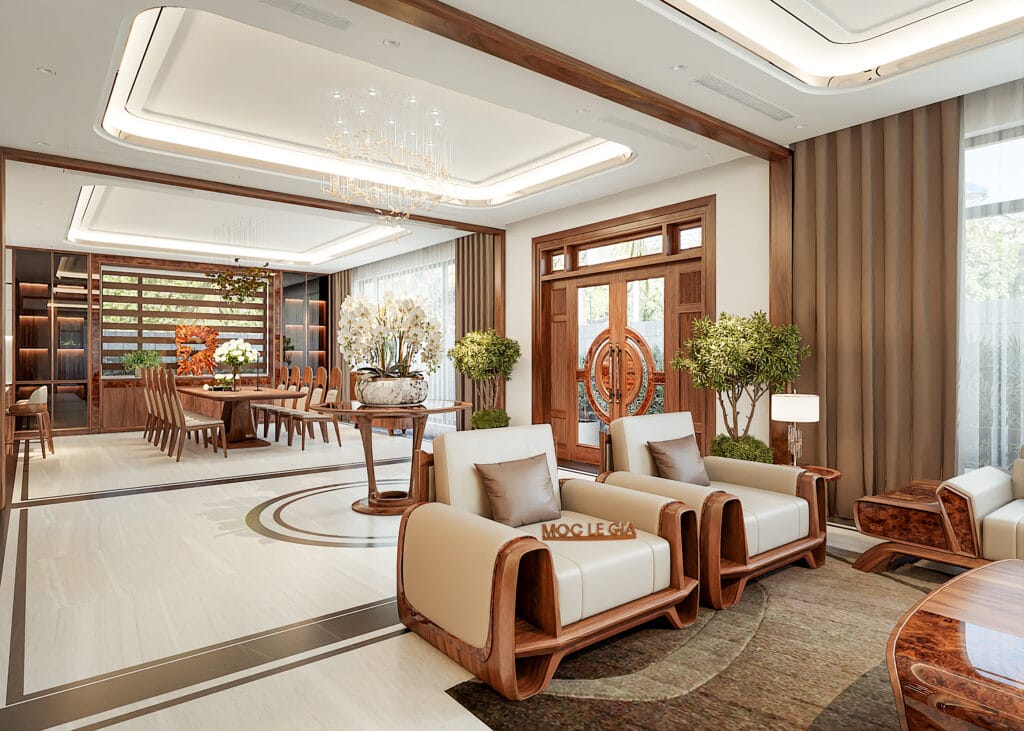 Thiết kế phòng khách gỗ óc chó Mộc Lê Gia