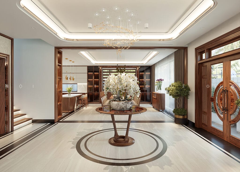 Thiết kế phòng khách gỗ óc chó Mộc Lê Gia