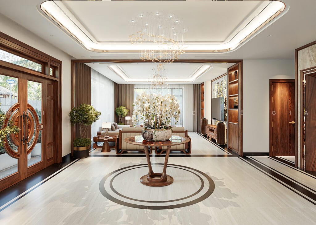 Thiết kế phòng khách gỗ óc chó Mộc Lê Gia