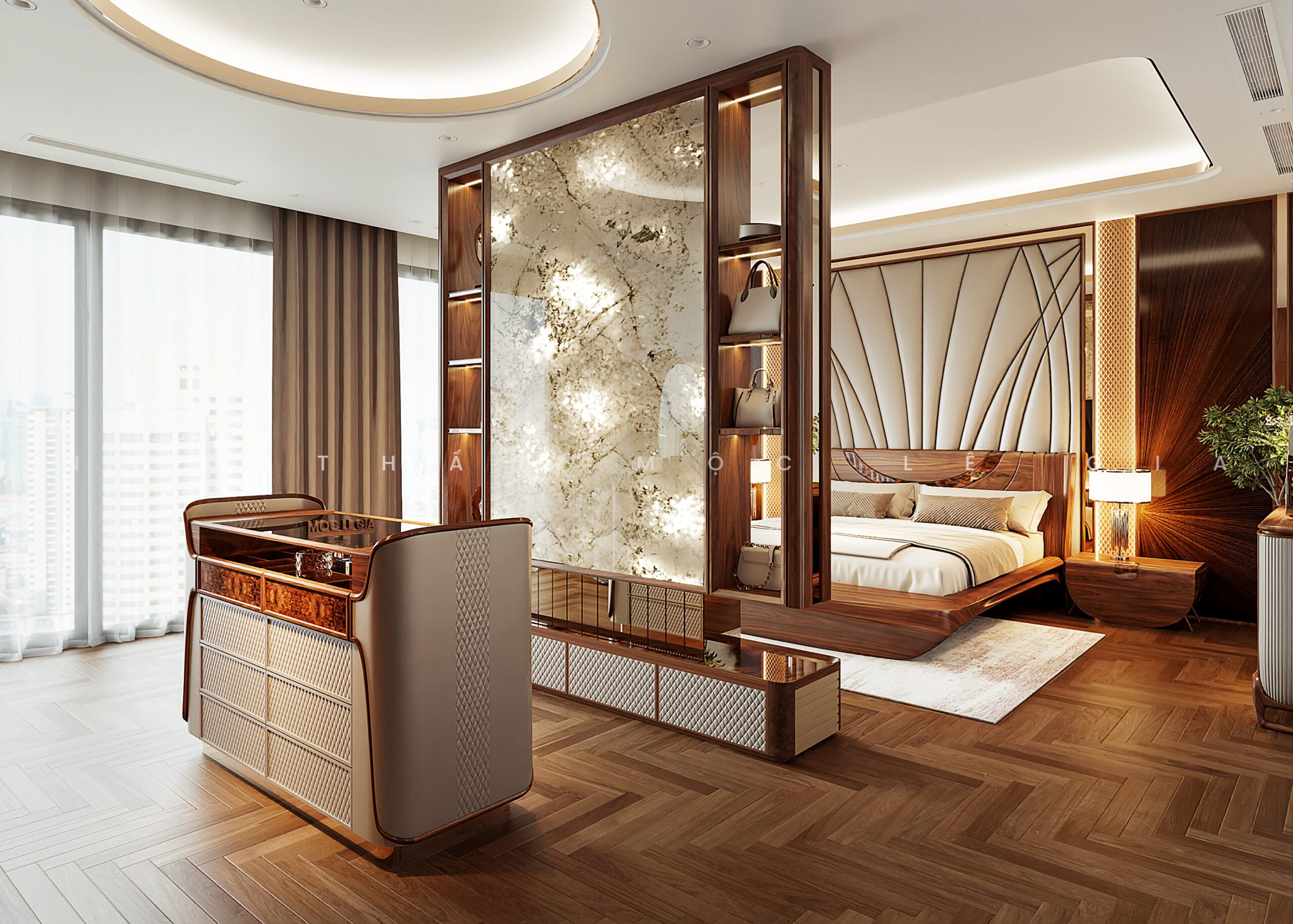 Thiết kế phòng ngủ gỗ óc chó Mộc Lê Gia
