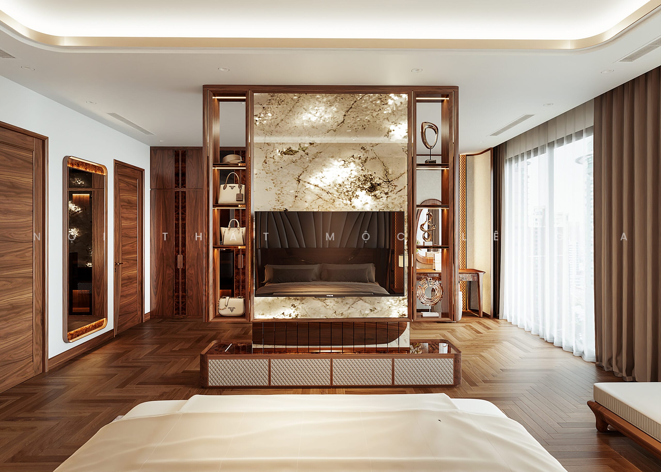 Thiết kế phòng ngủ gỗ óc chó Mộc Lê Gia